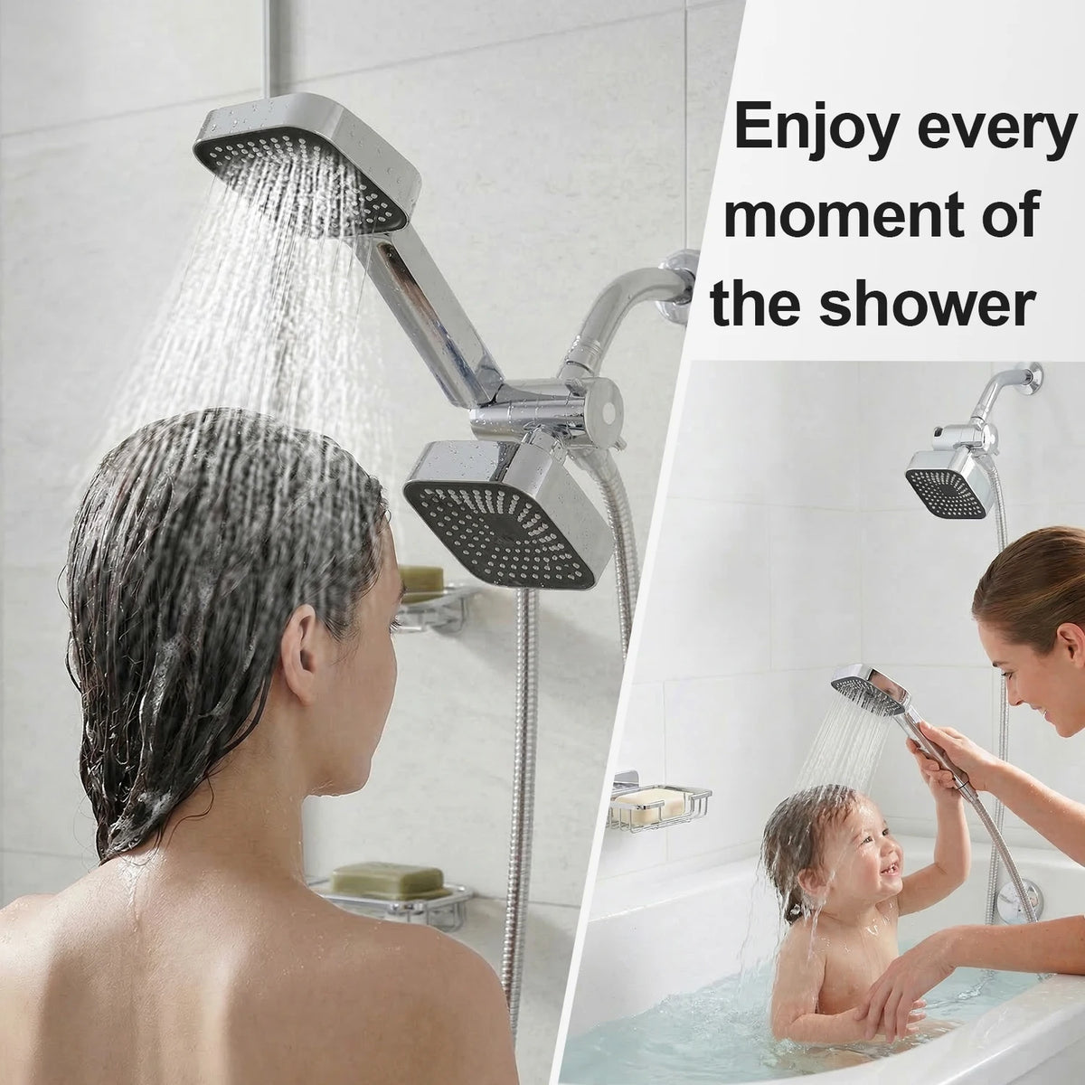 High-Flow 2-in-1 Wall-Mounted Handheld Shower Head and Rain Shower Head Set With Handheld Shower Head&Long Hose for Bathroom