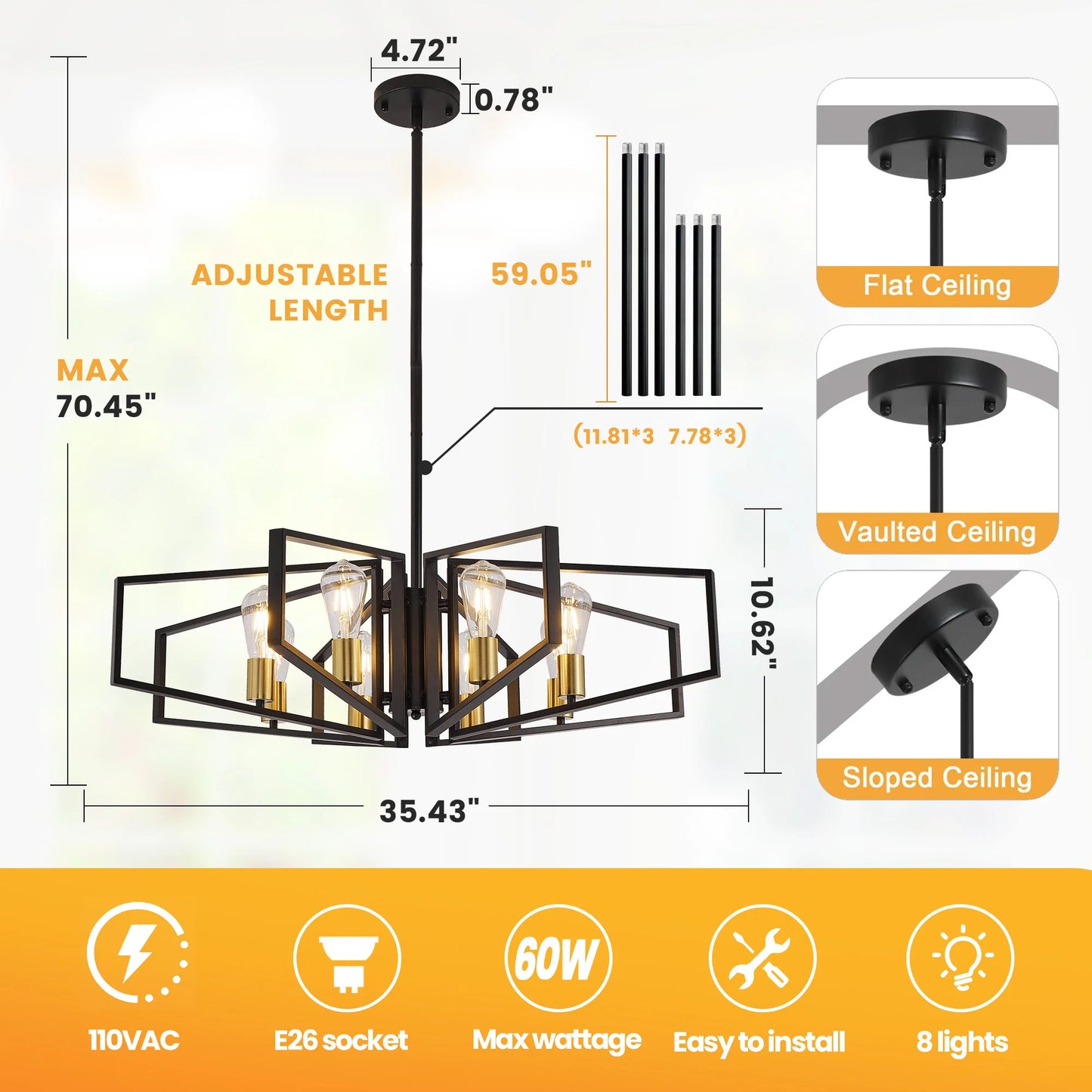 Eight-Light Geometric Chandelier With Adjustable Height Metal Pendant