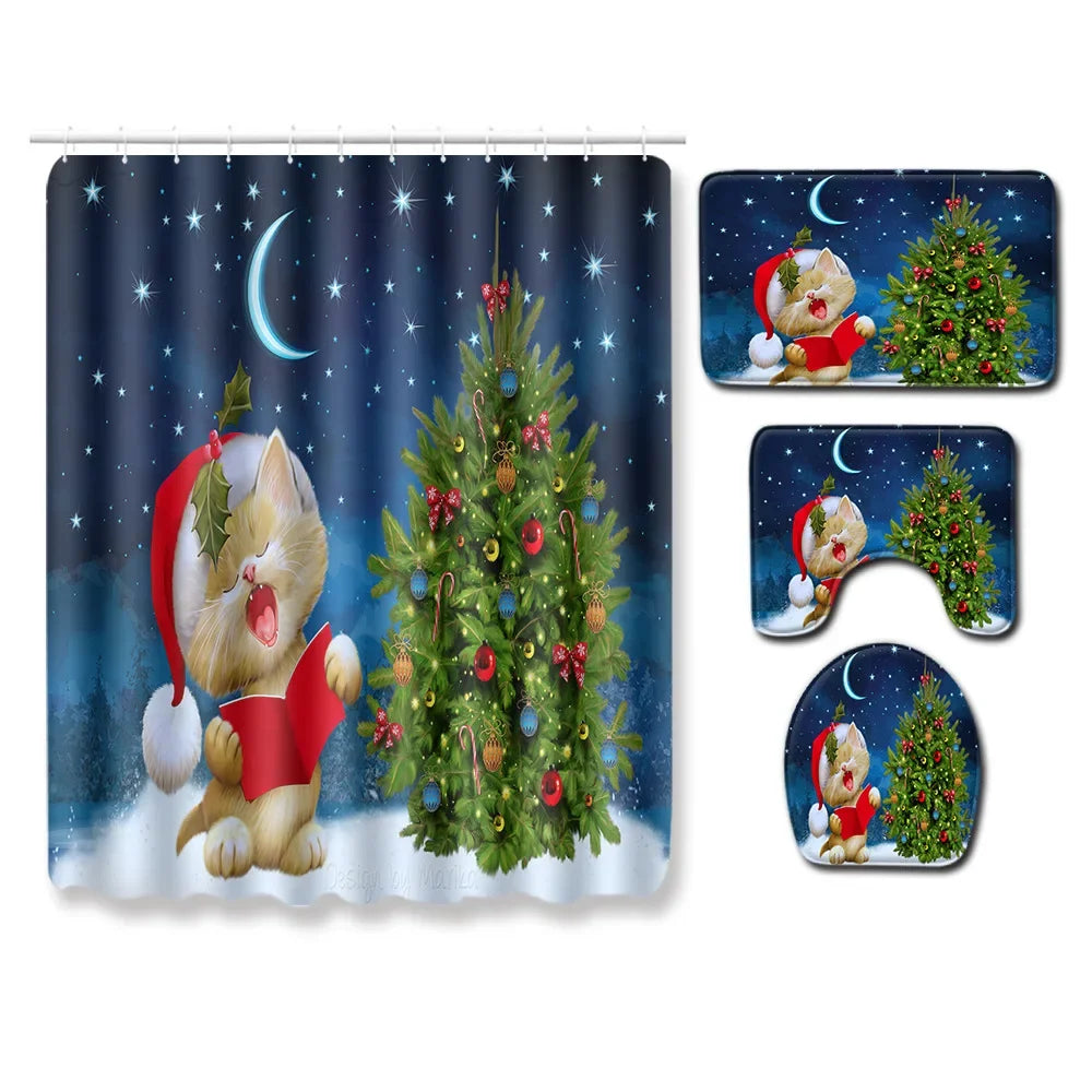 Christmas Shower Curtain Sets With Non-Slip Rugs Toilet Lid Cover and Bath Mat Snowman Shower Curtains 4 Piece Bathroom Decor