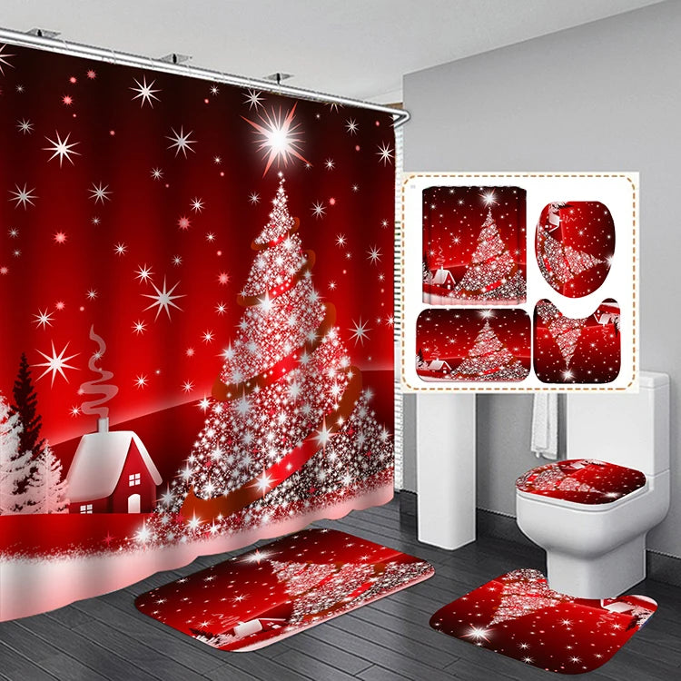 Wholesale Custom Christmas Bathroom Curtain Hooks Cute Cartoon Printed Digital Santa Design Welcome Shower Curtain Sets