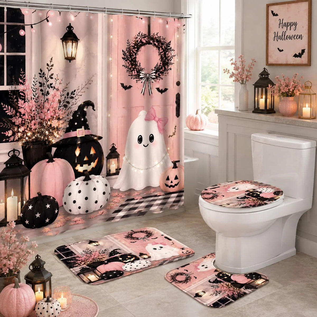 Halloween Ghost Pumpkin Shower Curtain Set With Hooks And Bathroom Decor
