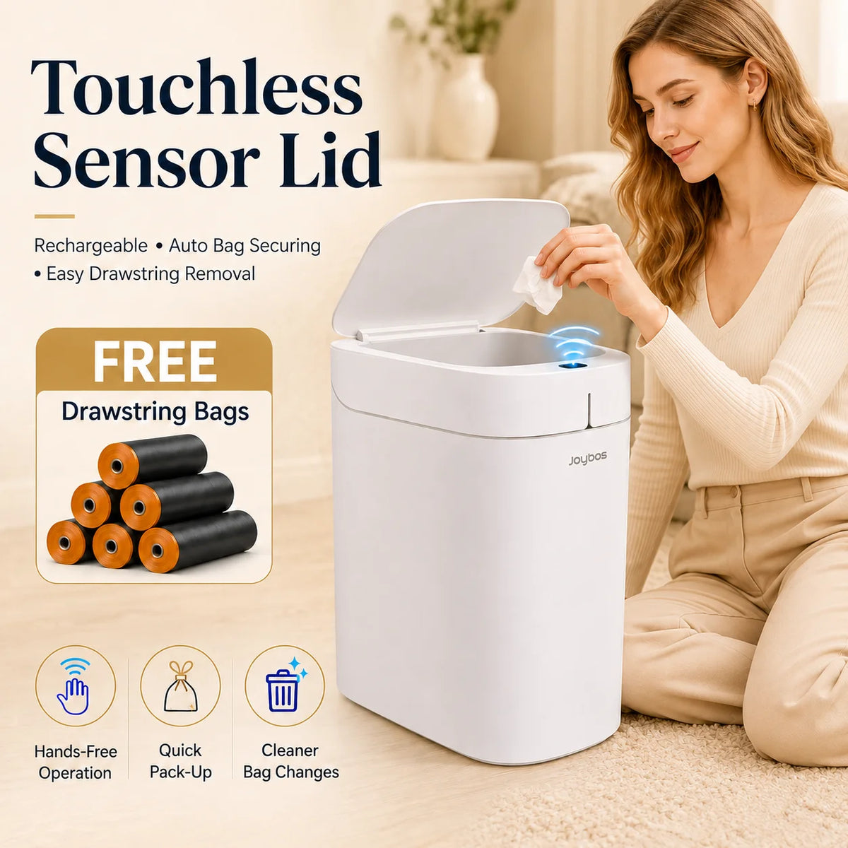 Joybos Smart Trash Can With Touchless Sensor And Auto Liner Bags