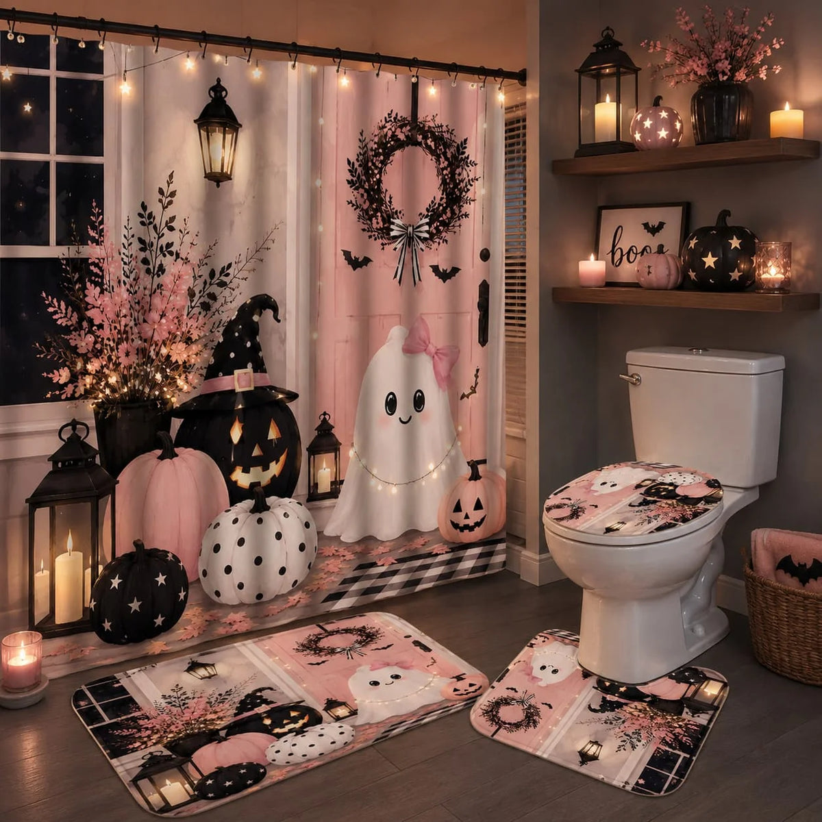 Halloween Ghost Pumpkin Shower Curtain Set With Hooks And Bathroom Decor