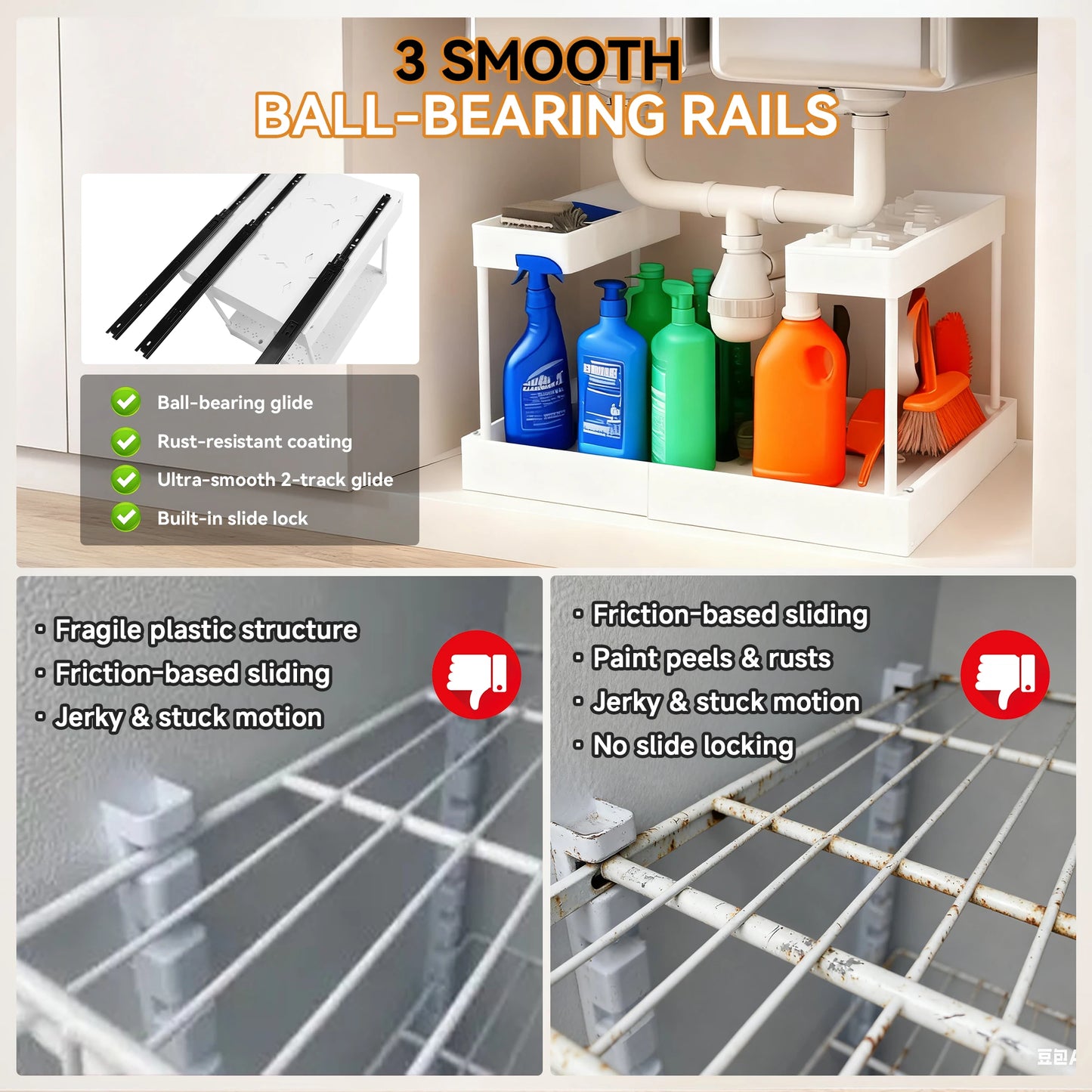 Under Sink Organizer Storage, 2 Tier U-Shape Expandable Multi-Purpose Large Capacity Kitchen Under Sink Organizers for Narrow Space Easy Access Sliding Storage Drawer with Hooks