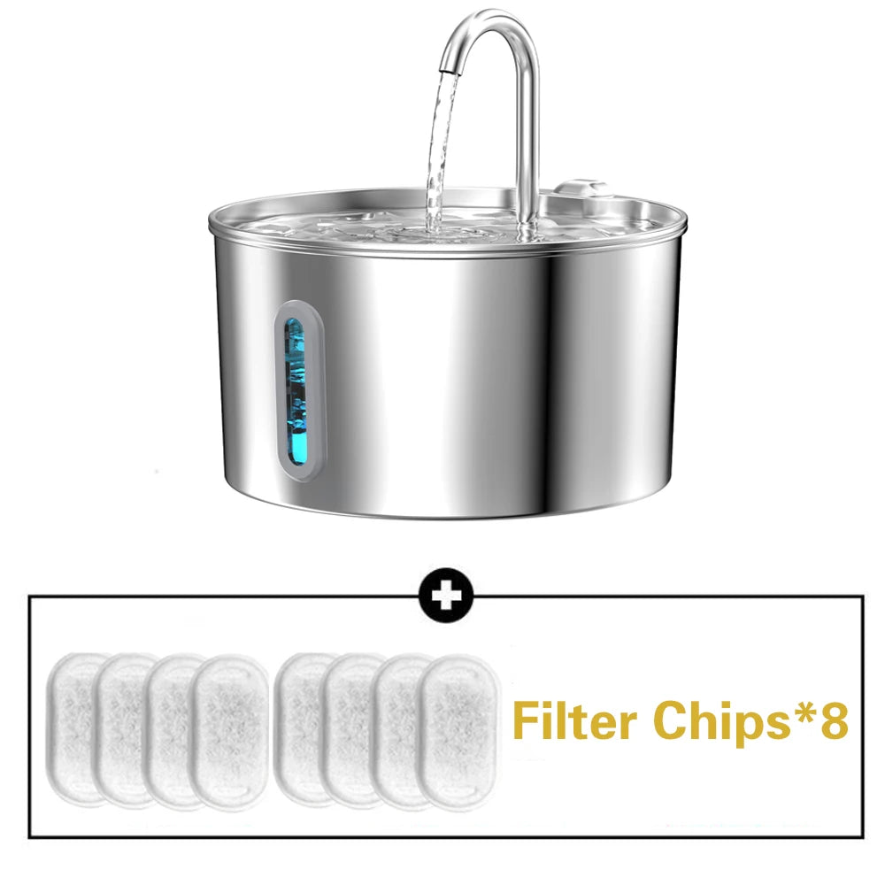 2.2L Square/Round Stainless Steel Cat Water Fountain, Dog Water Dispenser with LED Window, Silent Pet Water Feeder(No 5V 1A Plug