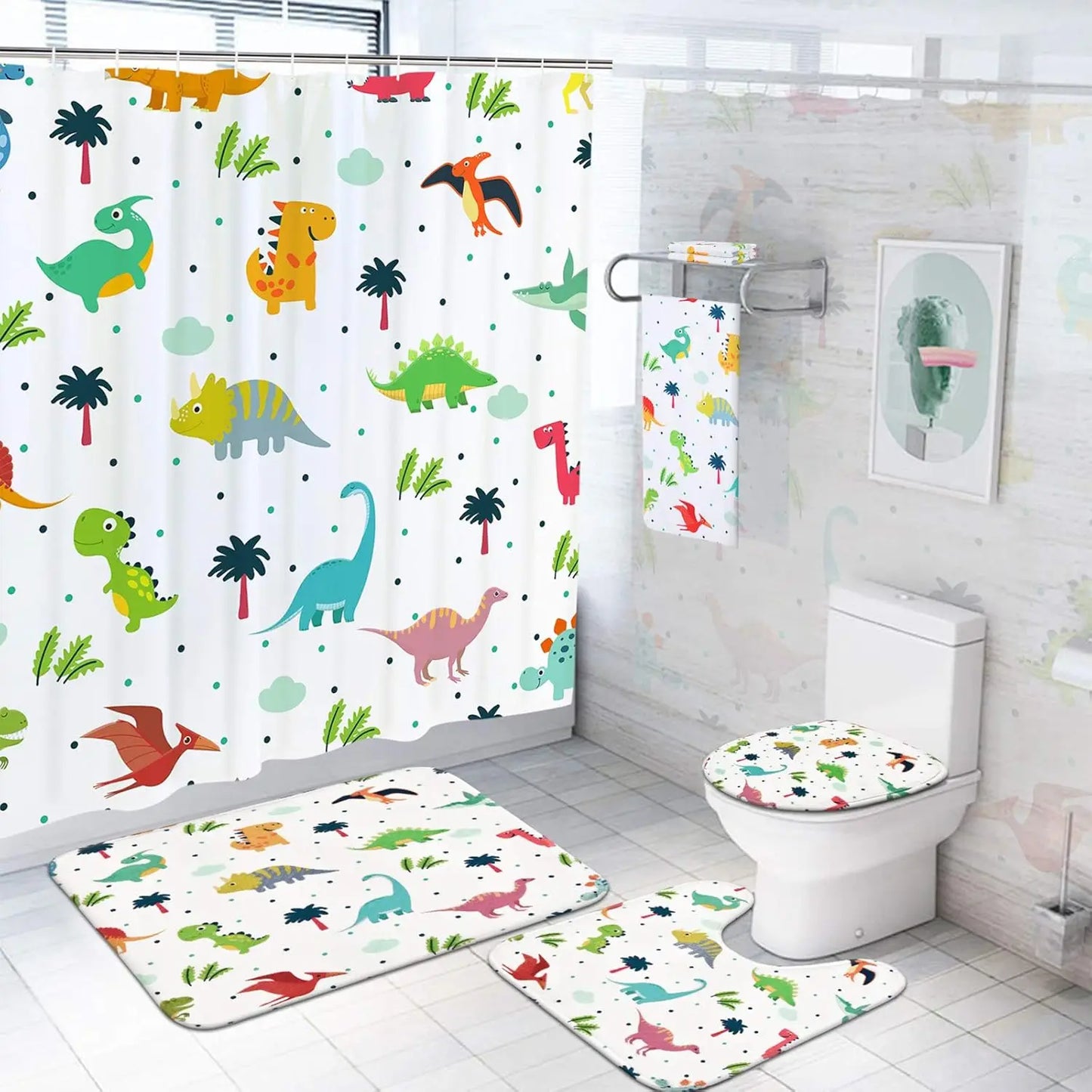 4PC Kids Dinosaur Bathroom Set - Waterproof Cartoon Shower Curtain with 12 Hooks, Non-Slip Mats & Toilet Cover, Fun Bath Decor