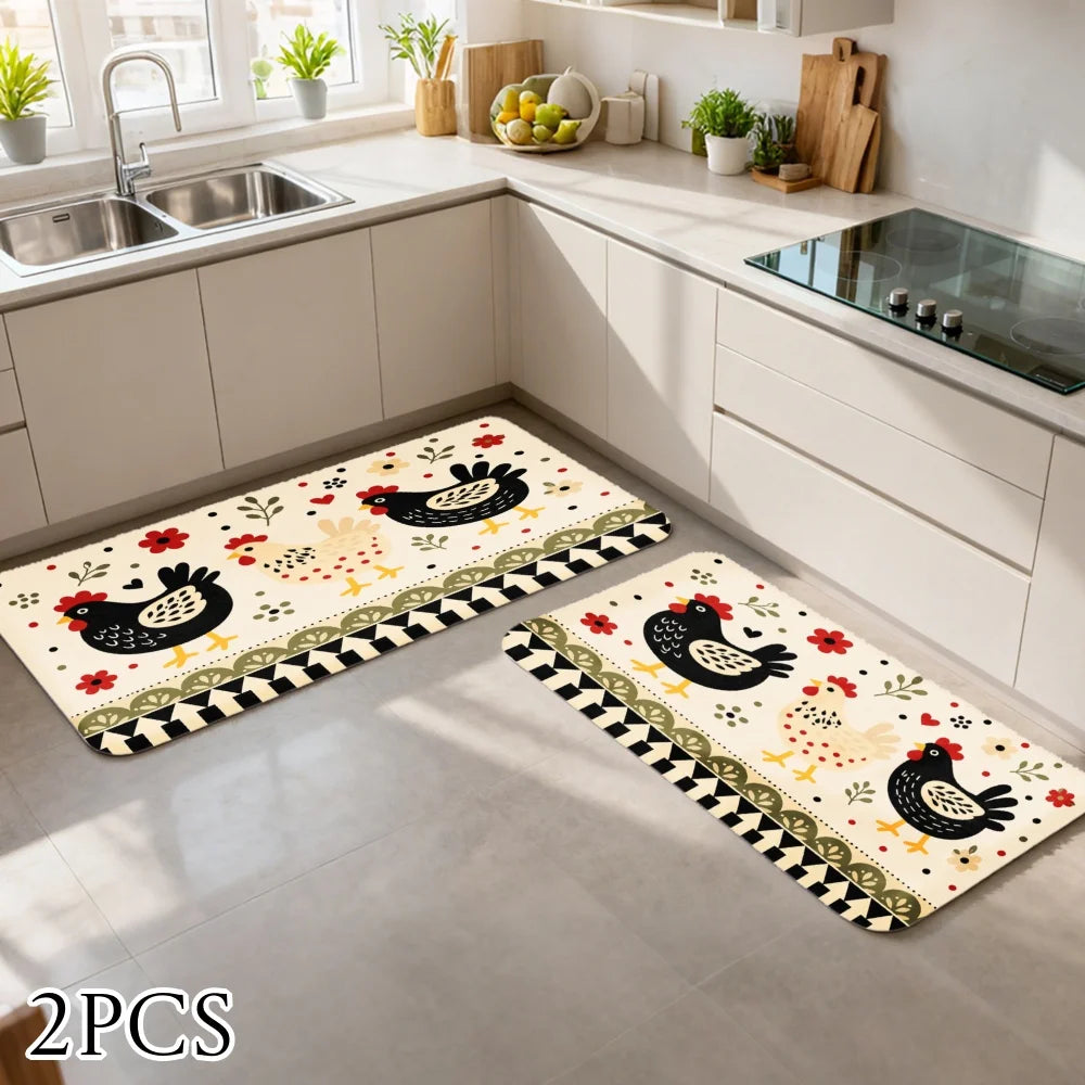 3PCS Kitchen Rugs,Home Decoration for Front Door, Kitchen, Bathroom, Black Turkey Floral Pattern On Cream Background Dining Mat