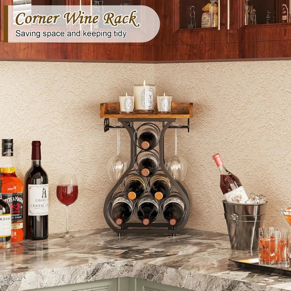 Compact Countertop Wine Rack with Glass Holder and Storage Shelf for Kitchen Bar