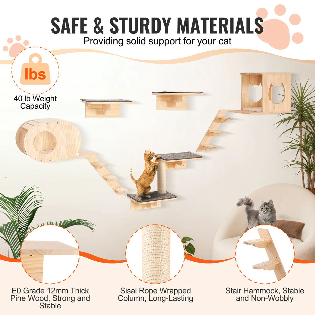SucceBuy Wall Mounted Cat Shelves With Jumping Boards And Hammocks