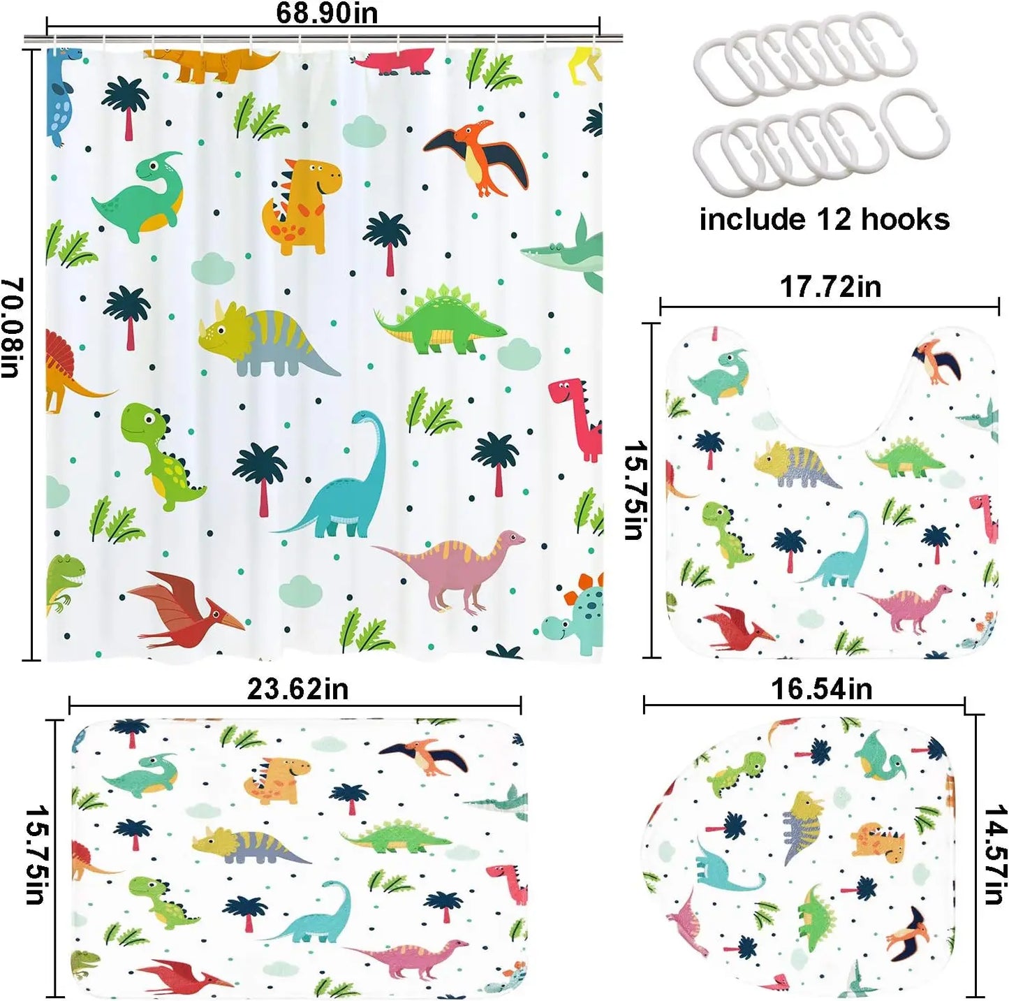 4PC Kids Dinosaur Bathroom Set - Waterproof Cartoon Shower Curtain with 12 Hooks, Non-Slip Mats & Toilet Cover, Fun Bath Decor