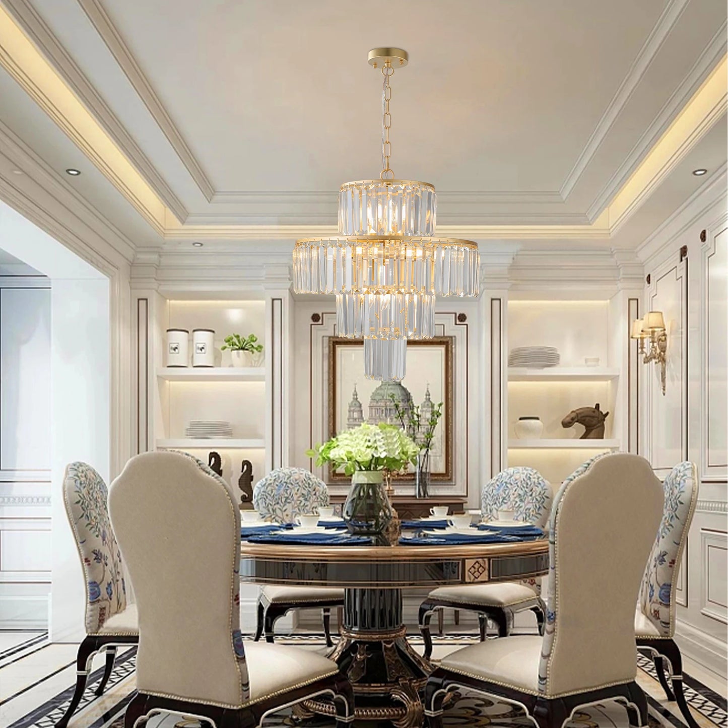 ZHIKEA Four Tier Crystal Chandelier Featuring Twelve Hanging Lamps