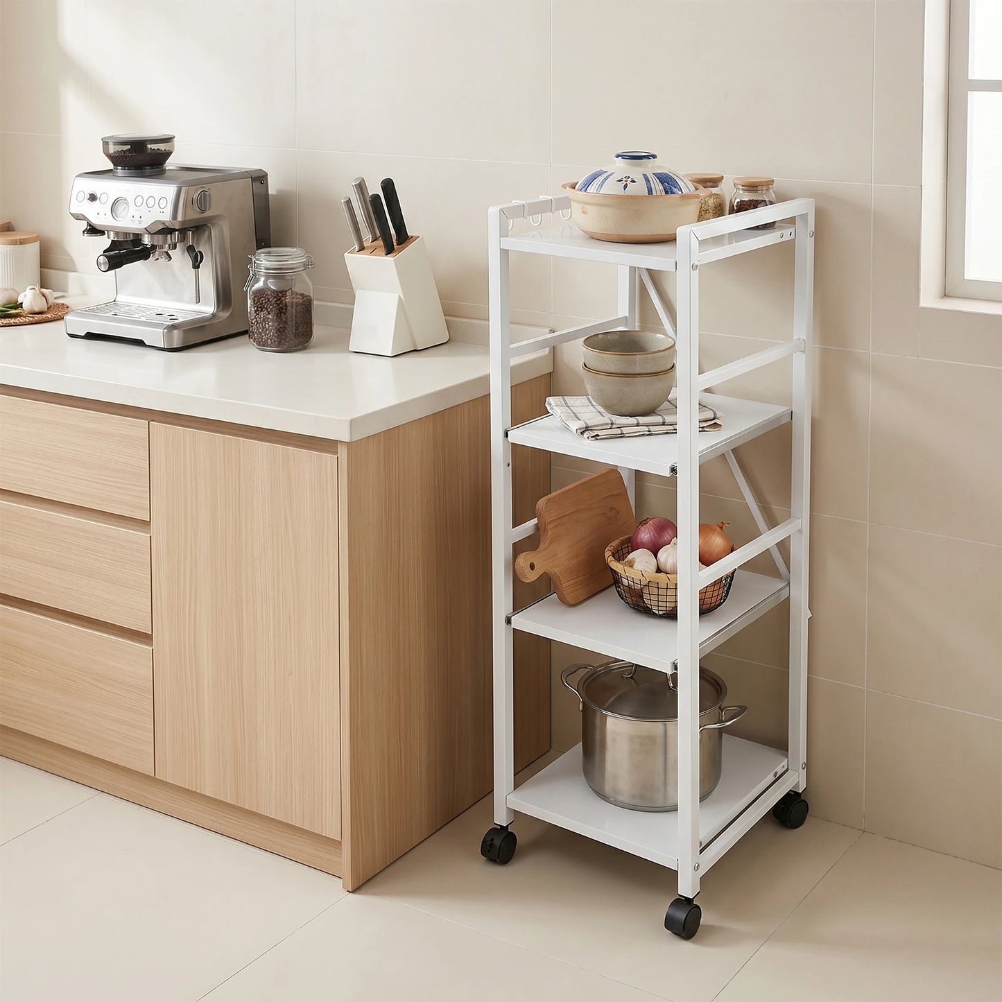 Carbon Steel Kitchen Storage Trolley, Adjustable Kitchen Storage Organizer, 4-Tier Kitchen Rack For Restaurant, Laundry, Bathroom, Garage, Warehouse