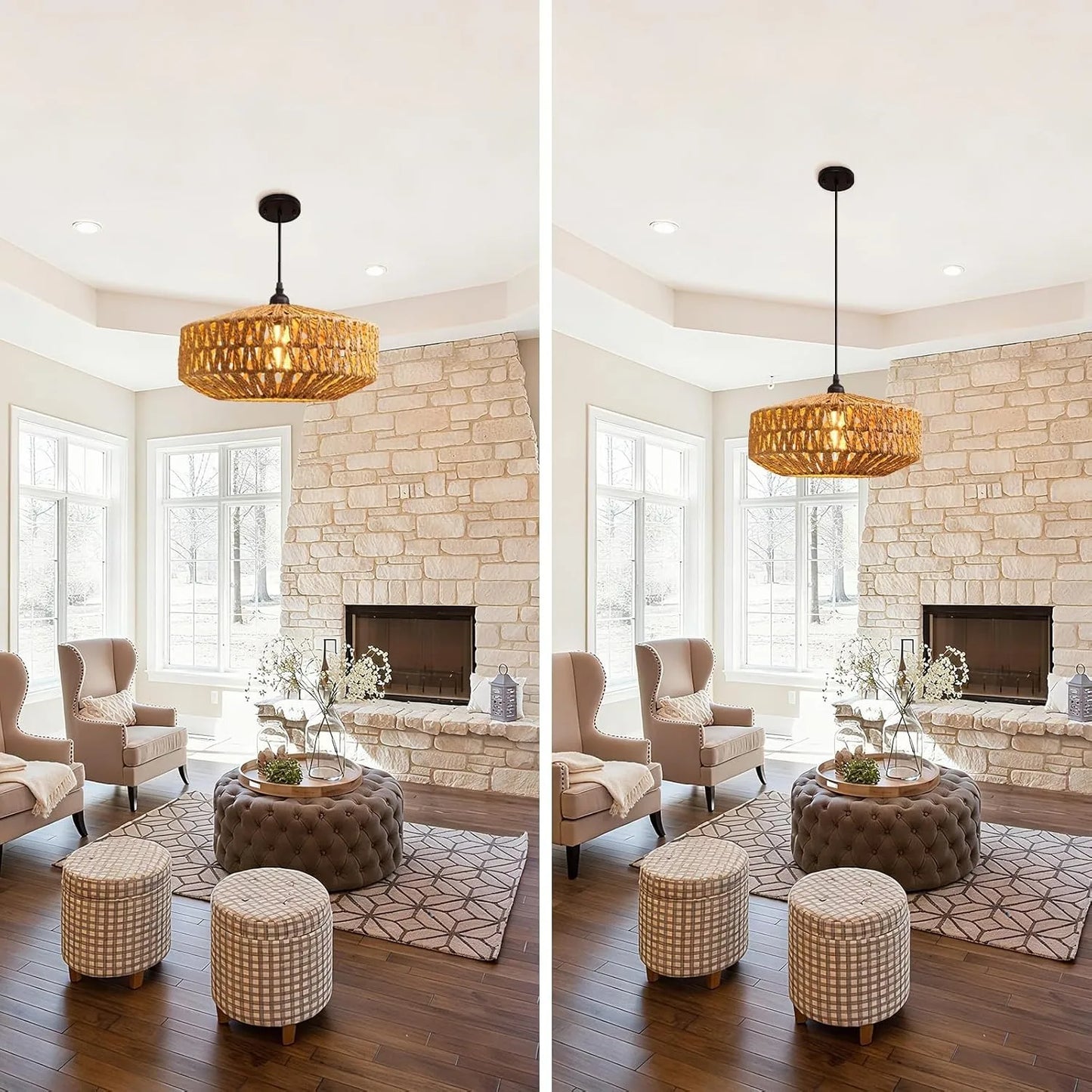 JOYINLED Natural Rattan Chandelier Small Paper Rope Pendant Light E26/E27 Ceiling Lamp Dining Living Room Bedroom Kitchen Island