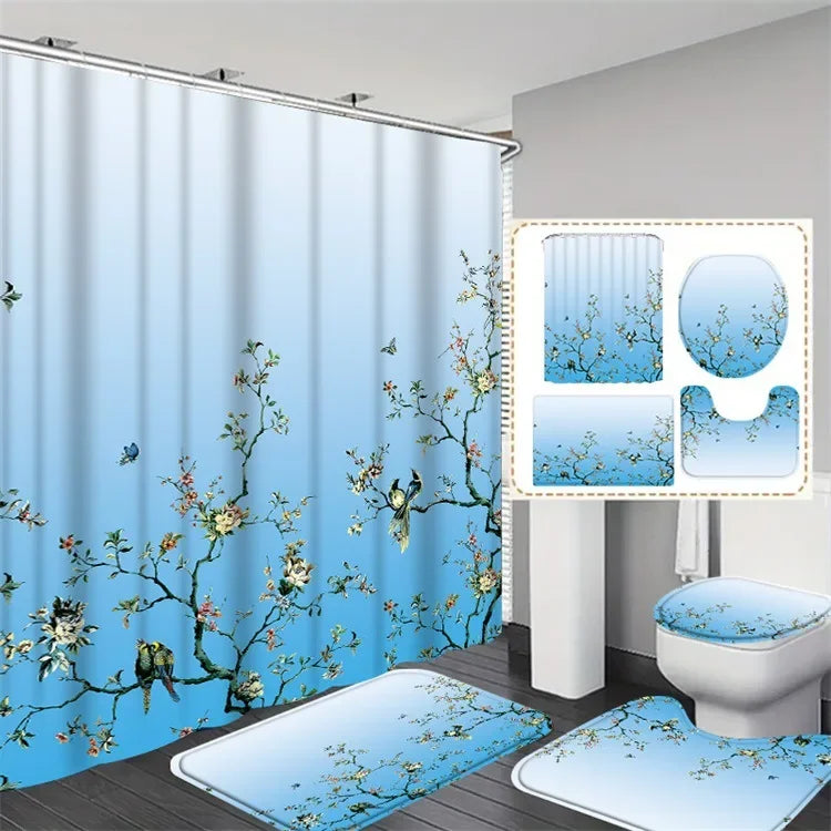 4 Pcs Shower Curtain Sets Bath Mat  Decor Bathroom pink Contour Mat Toilet Lid Cover U Shaped Non-Slip Rug Fabric Polyester
