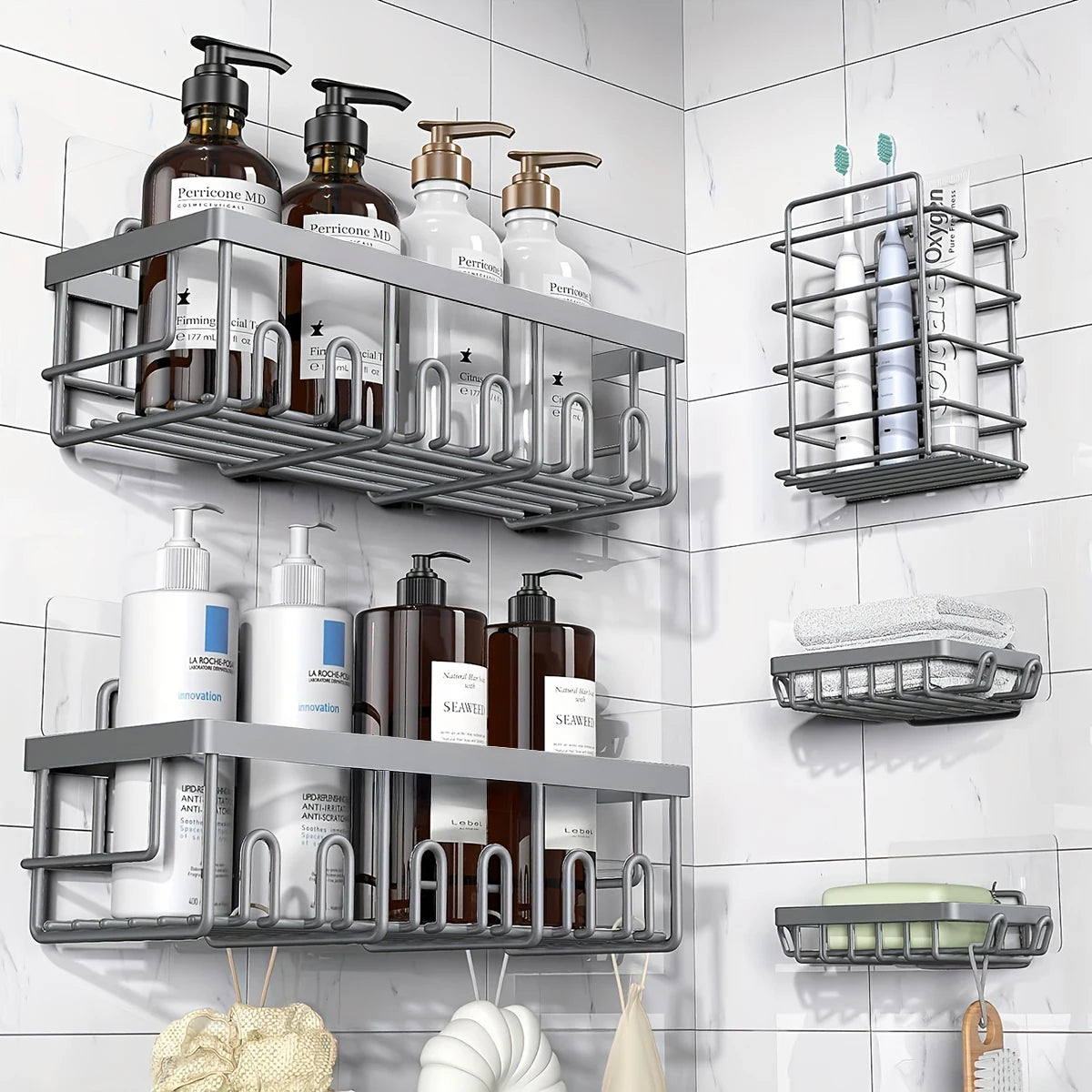 Adhesive Rustproof Stainless Steel Corner Shower Caddy with Soap Holder