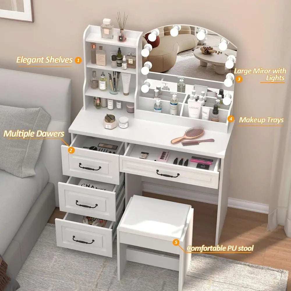 Vabches Vanity Desk with Mirror and Lights,Makeup Vanity Set or Bedroom | White Dring Table 3 Lighting Col, 4 Ders
