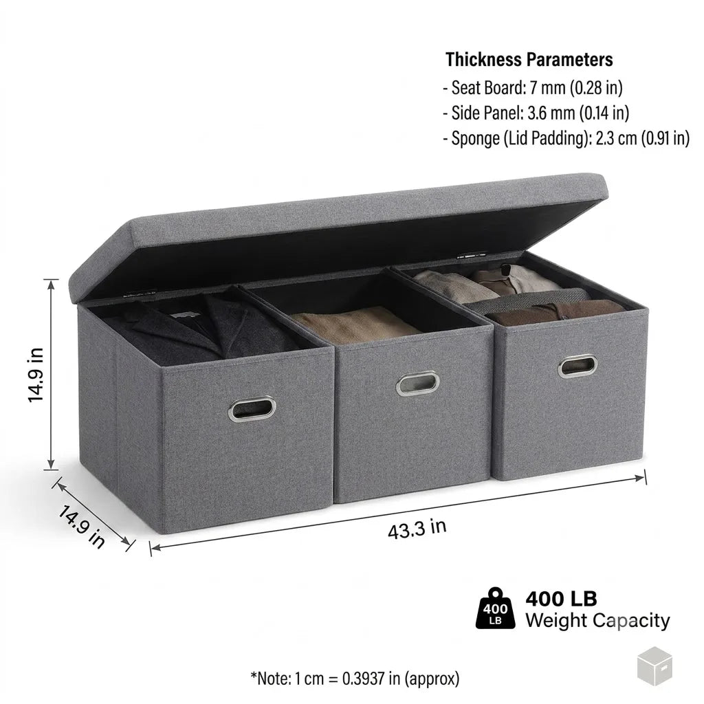 Foldable Storage Ottoman Bench With Three Spacious Drawers