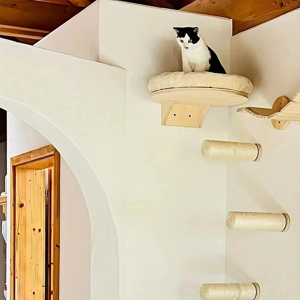 CWV Wall Mounted Solid Wood Cat Climbing Ladder With Hammock