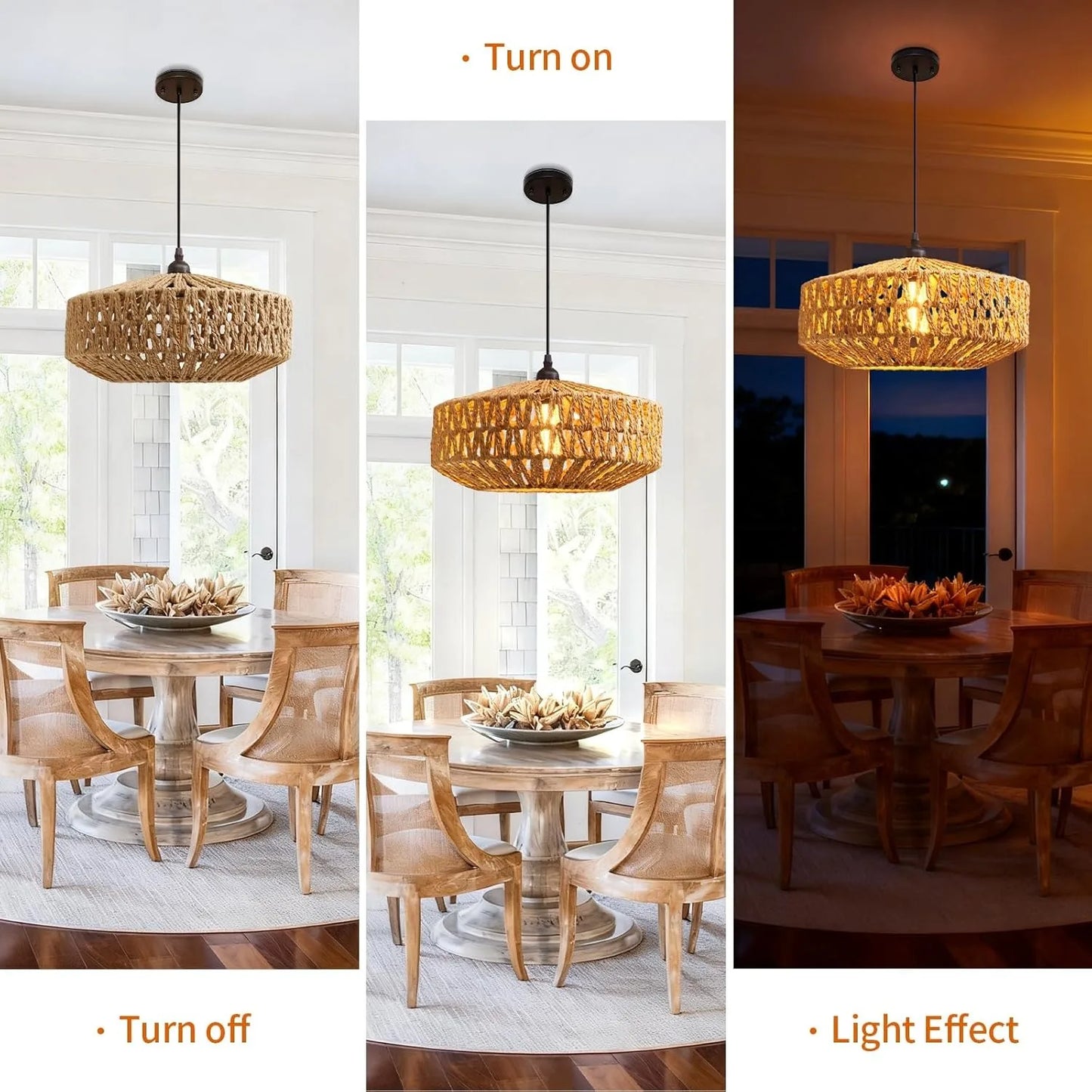 JOYINLED Natural Rattan Chandelier Small Paper Rope Pendant Light E26/E27 Ceiling Lamp Dining Living Room Bedroom Kitchen Island