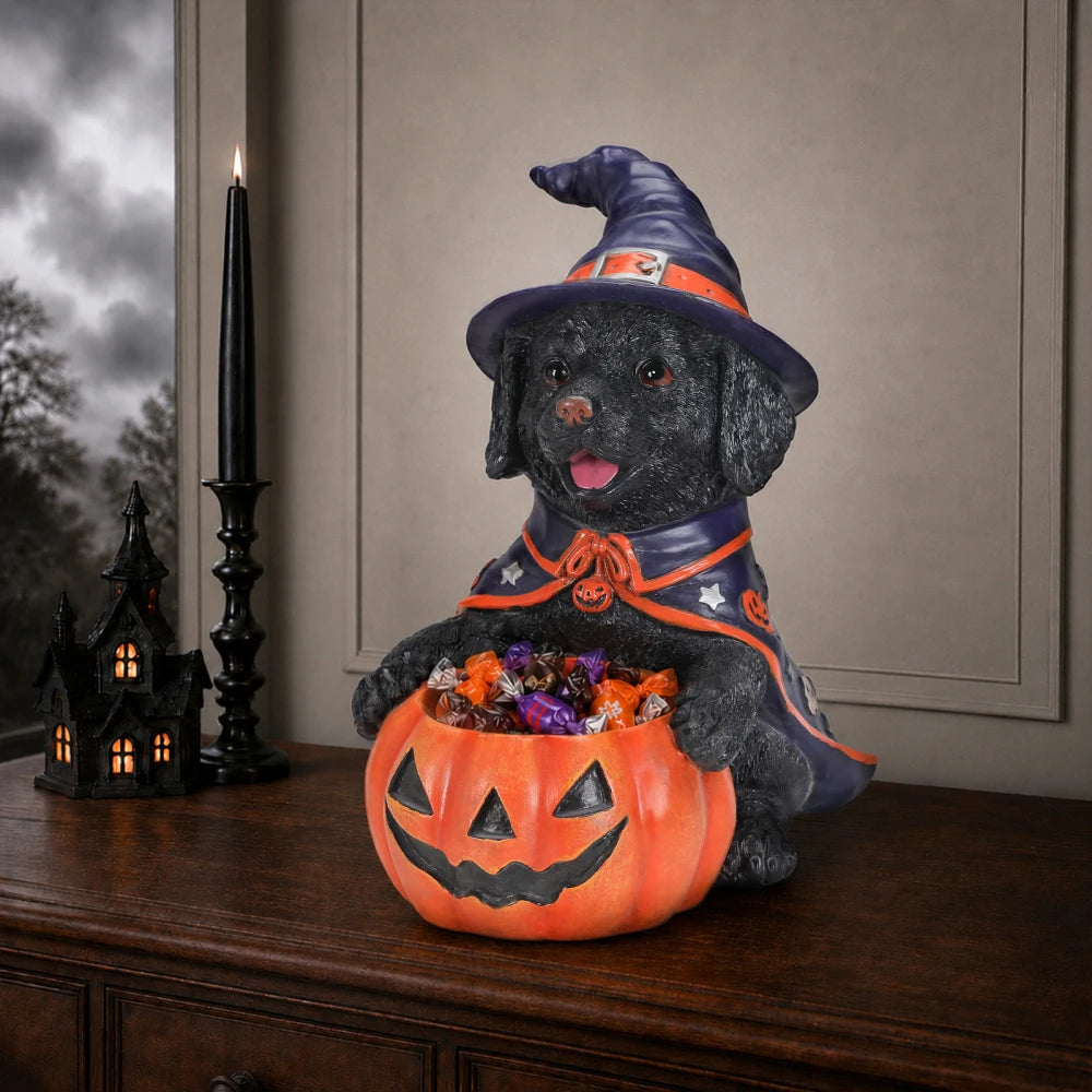 Halloween Witch French Bulldog Resin Figurine Pumpkin Candy Bowl Decoration