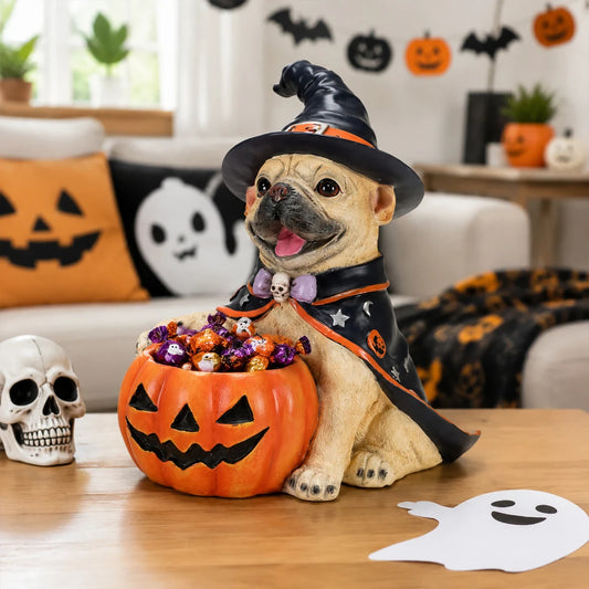 Halloween Witch French Bulldog Resin Figurine Pumpkin Candy Bowl Decoration