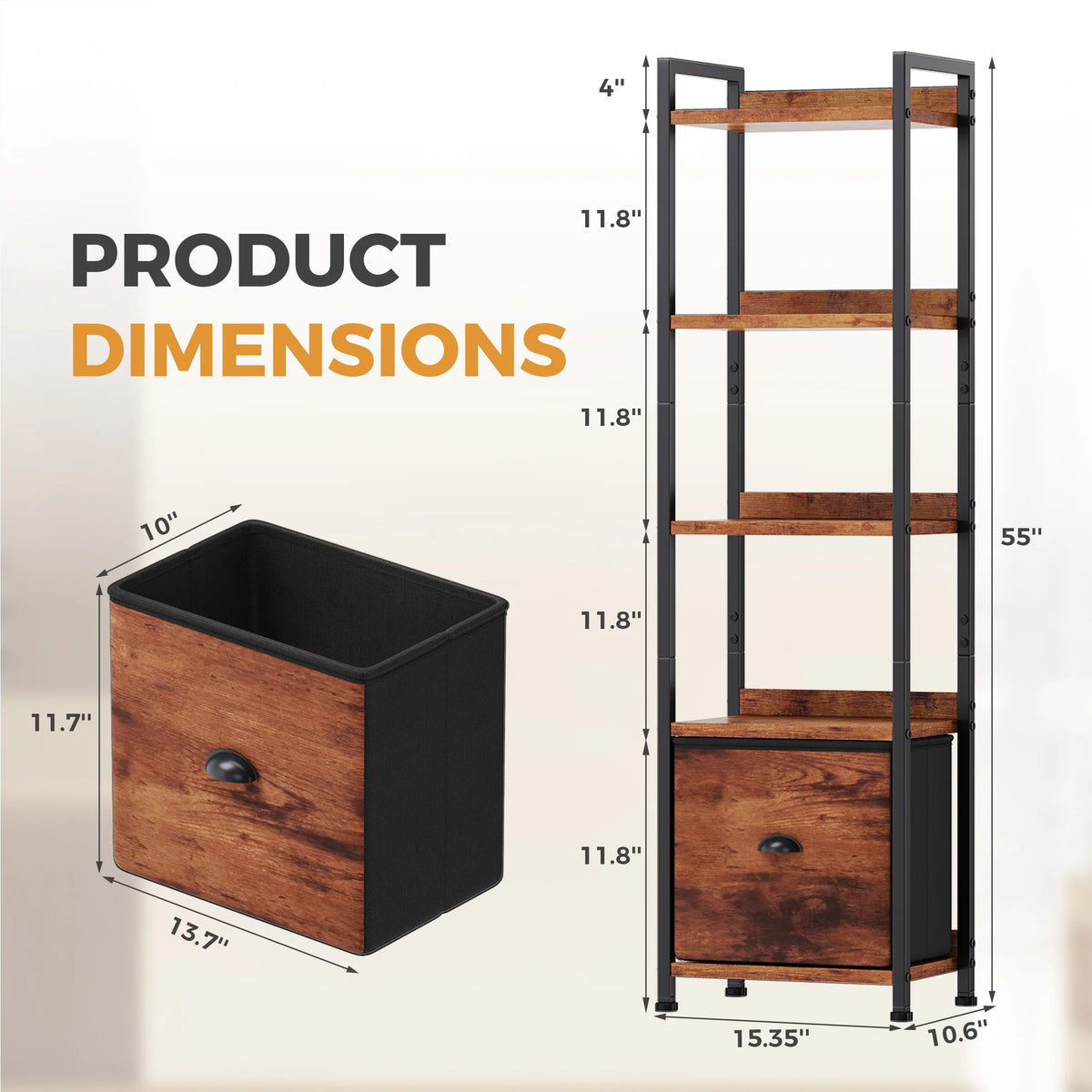 Industrial Metal Five Tier Bookshelf With Fabric Drawers For Home
