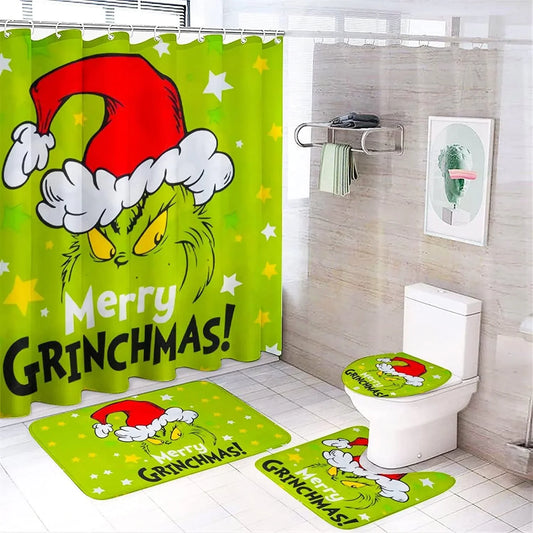 New Bathroom Curtains 2024 Digital Christmas Shower Curtain Four-Piece Green Furry Monster Decorative Bath Mat Set