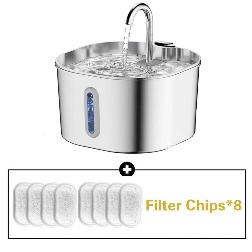 2.2L Square/Round Stainless Steel Cat Water Fountain, Dog Water Dispenser with LED Window, Silent Pet Water Feeder(No 5V 1A Plug