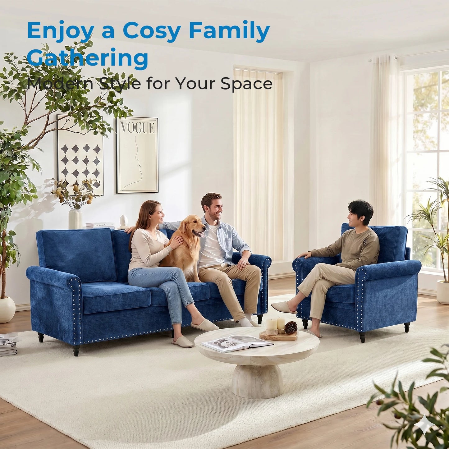 Modern 2PCS Chenille Sofa Set Rivet Design Thick Cushion Living Room Couch with Wood Frame & Gourd Legs