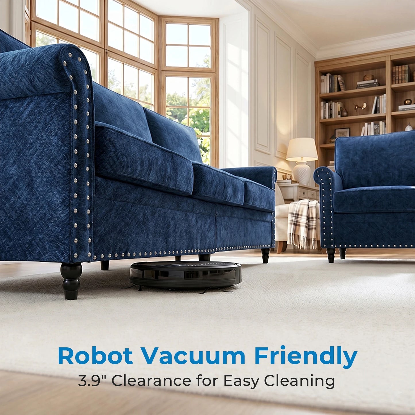 Modern 2PCS Chenille Sofa Set Rivet Design Thick Cushion Living Room Couch with Wood Frame & Gourd Legs