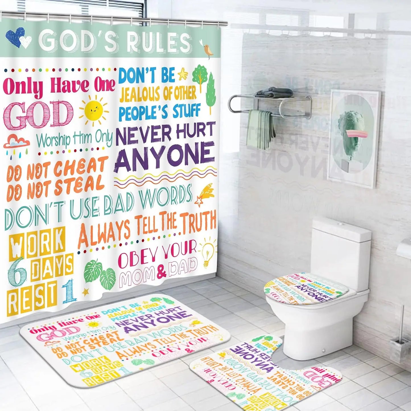 4PC Kids Dinosaur Bathroom Set - Waterproof Cartoon Shower Curtain with 12 Hooks, Non-Slip Mats & Toilet Cover, Fun Bath Decor