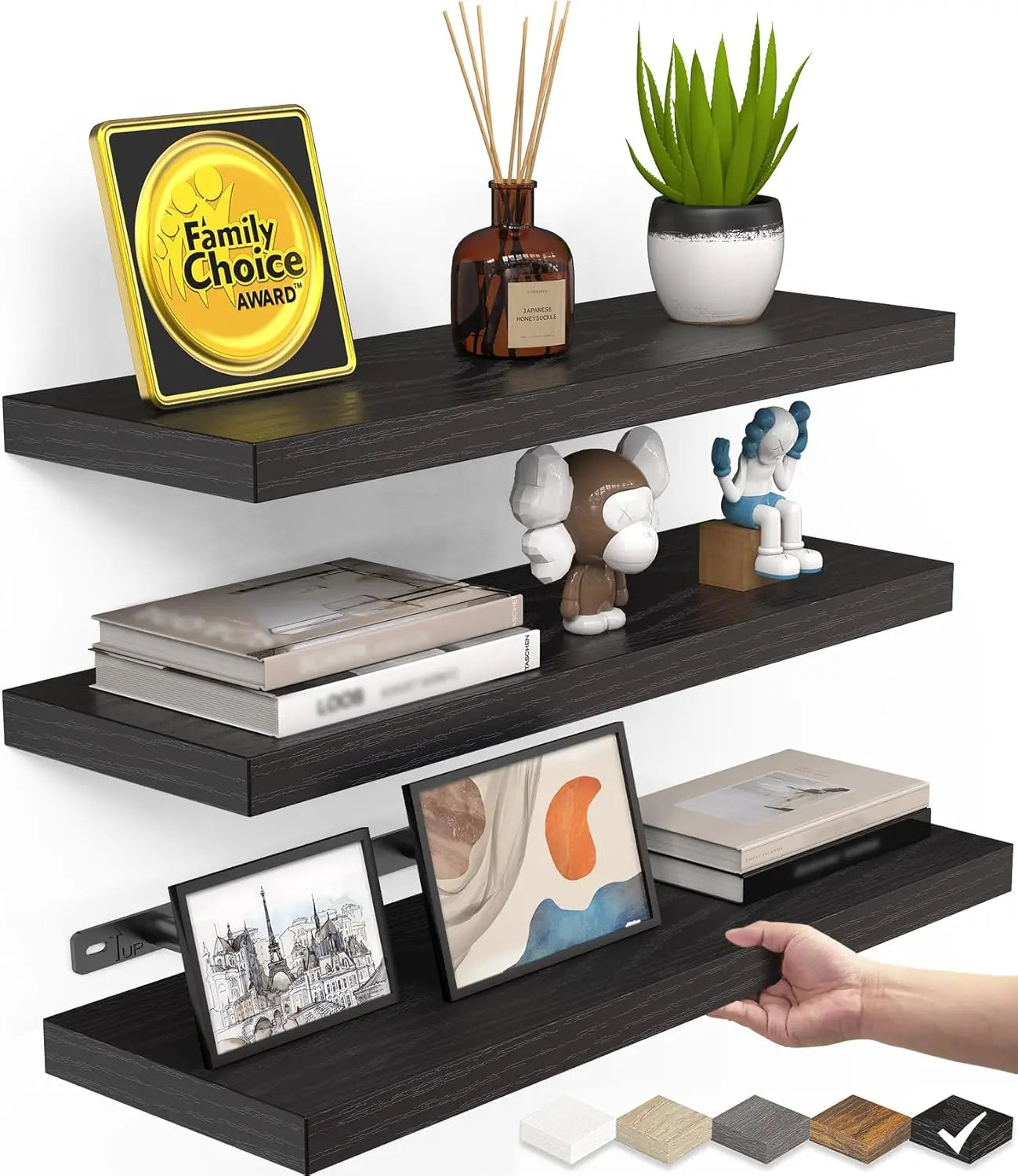 Rustic Wood Floating Shelves Set of 3, Wall Mounted for Bathroom Bedroom Living Room Kitchen, Holds 22lbs, Black