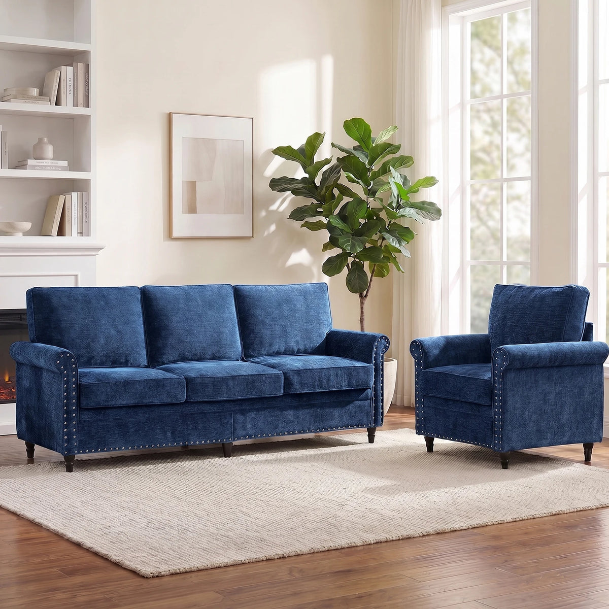 Modern 2PCS Chenille Sofa Set Rivet Design Thick Cushion Living Room Couch with Wood Frame & Gourd Legs