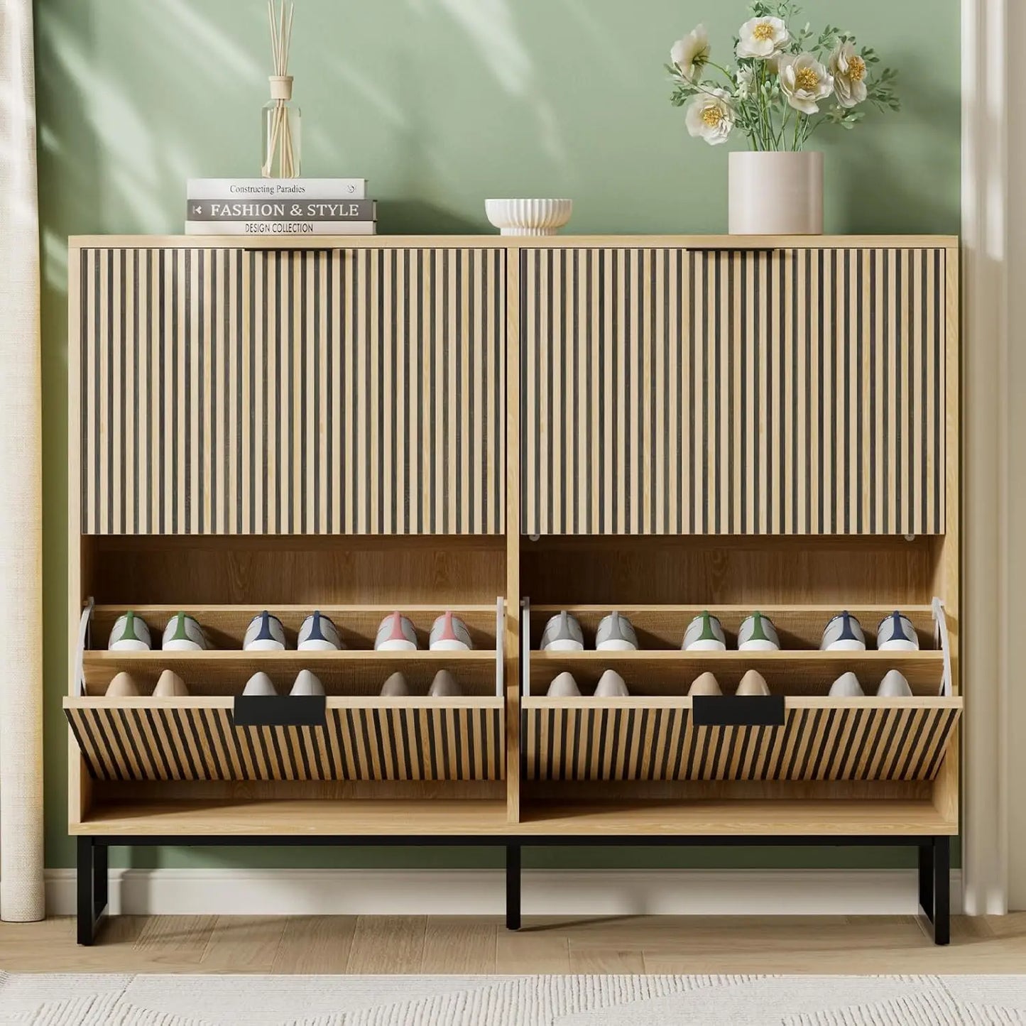 Shoe Cabinet Storage with 4 Flip Drawers, Narrow Hidden Shoe Organizer Cabinet for Entryway, Modern Freestanding, Customized