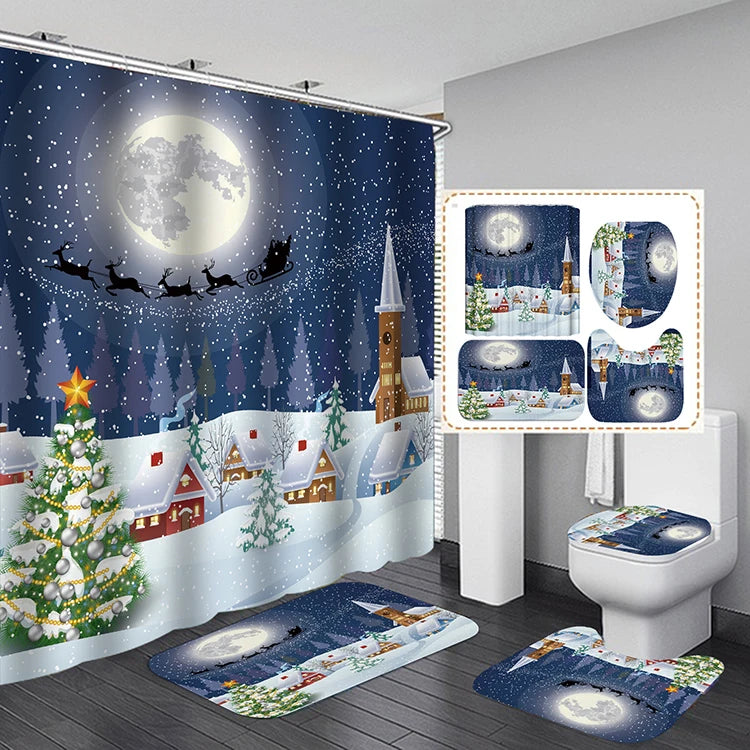 Wholesale Custom Christmas Bathroom Curtain Hooks Cute Cartoon Printed Digital Santa Design Welcome Shower Curtain Sets