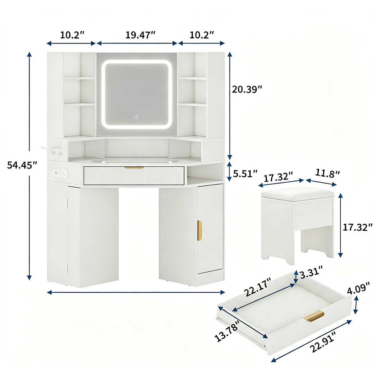HiMISS Corner Vanity Desk With LED Lights And Charging Port