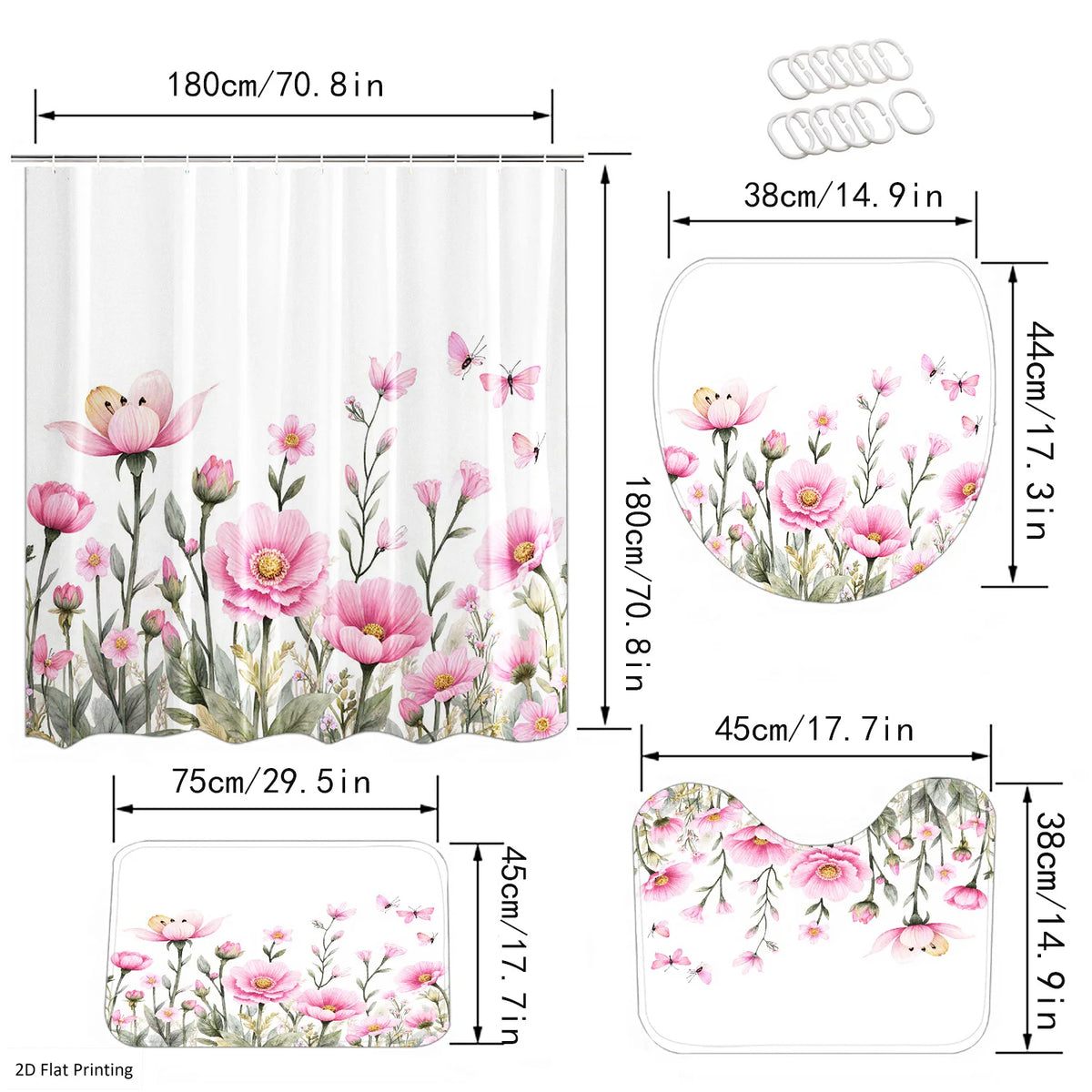 2D Flat, 2D Flat, 4pcs Floral Design with Pink Flowers And Butterflies Shower Curtain Set, Bathroom Set with Shower Curtain And Including Non-Slip, U-Shape And Toilet Lid Cover, Home Bathroom Accessory