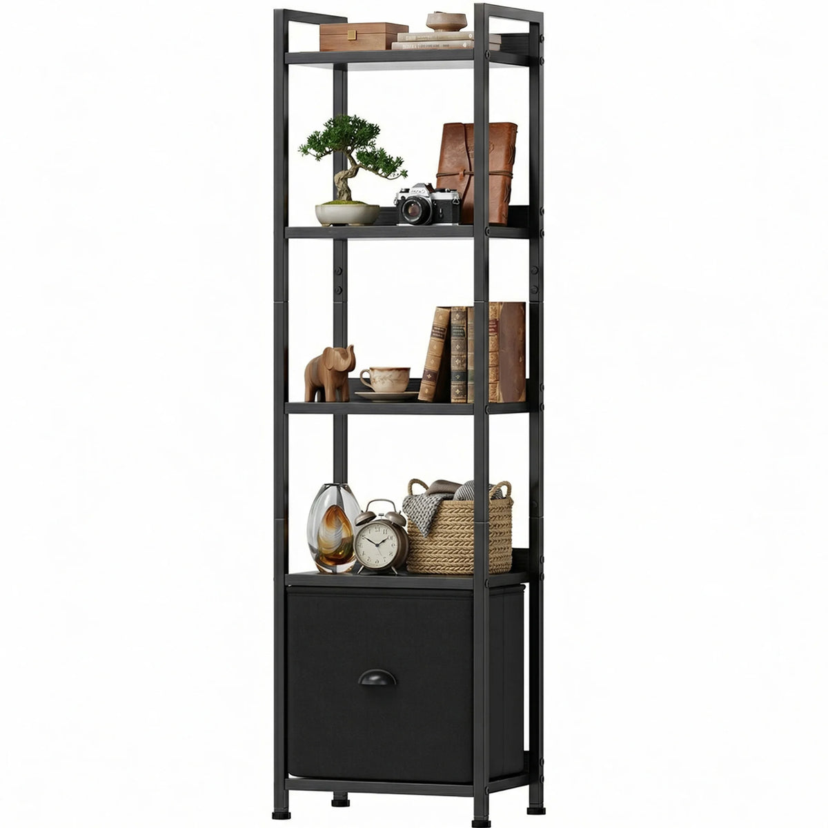 Industrial Metal Five Tier Bookshelf With Fabric Drawers For Home
