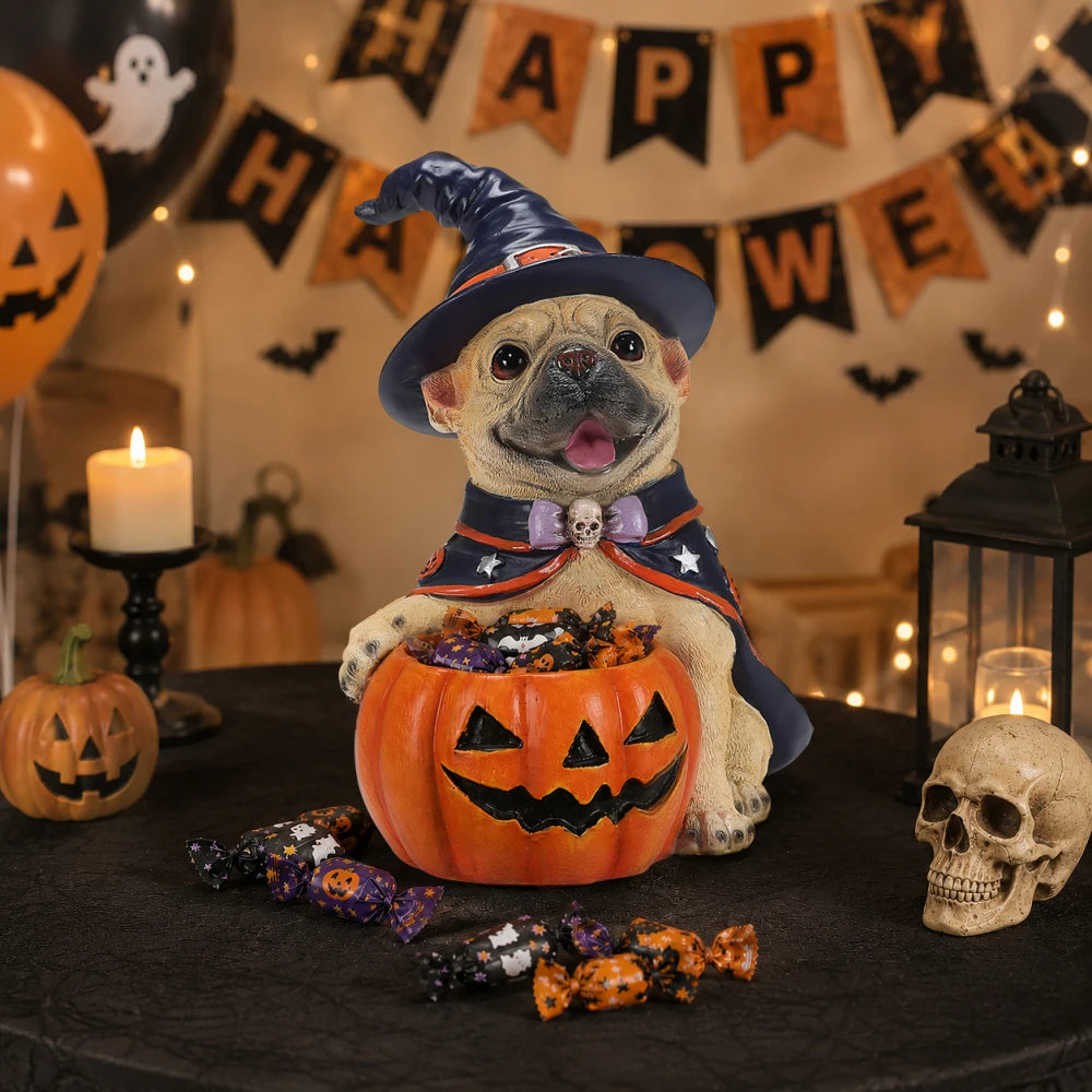 Halloween Witch French Bulldog Resin Figurine Pumpkin Candy Bowl Decoration