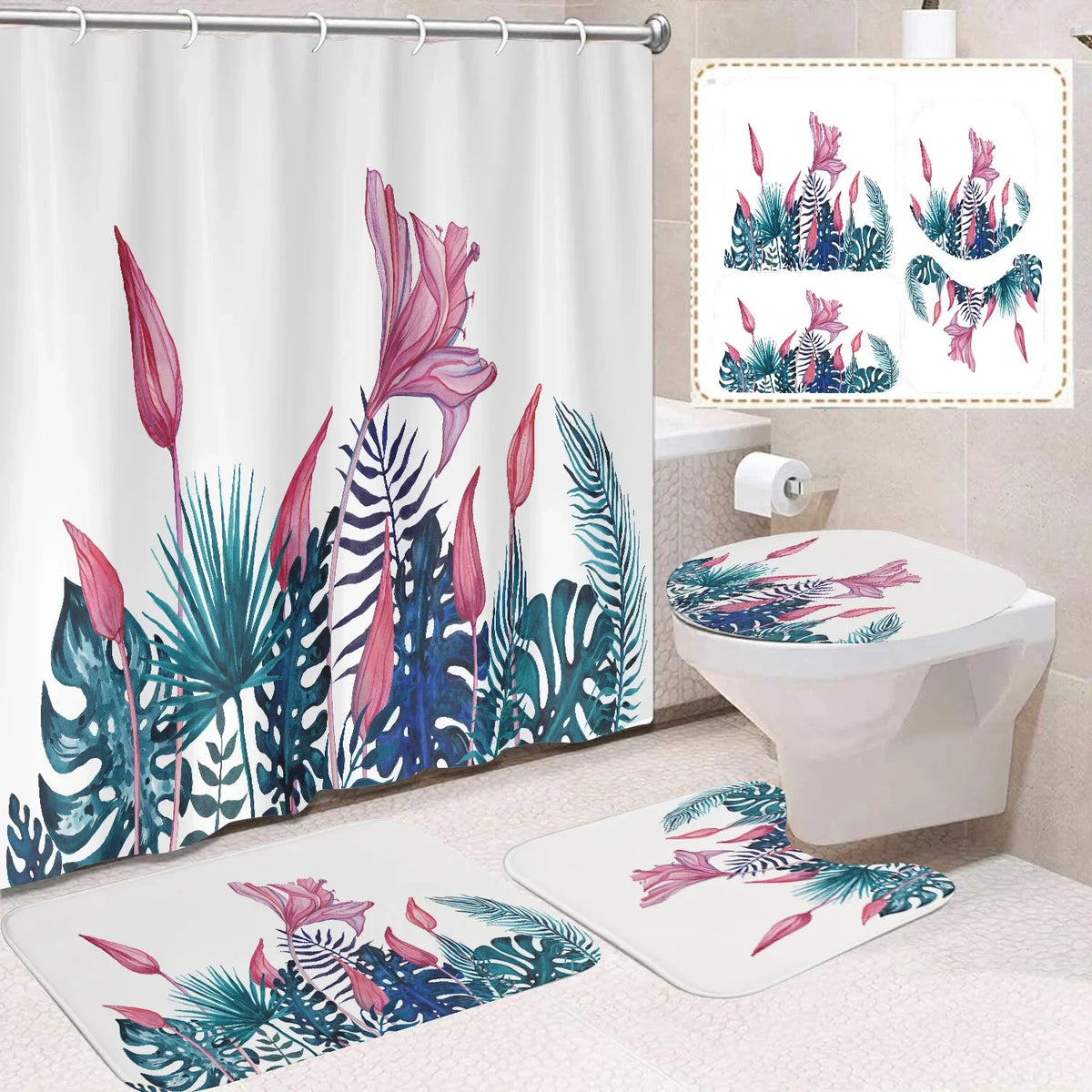 Custom 3D Digital Print Polyester Flower Shower Curtain Quick-Drying 4-Piece Modern Bathroom Set Wholesale Bathroom Accessory
