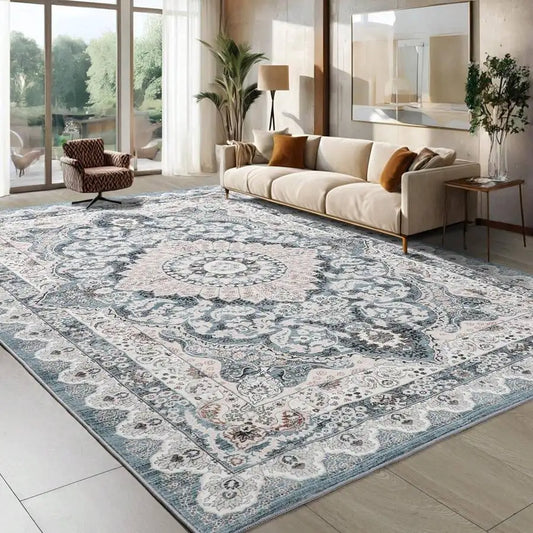 Low Pile Washable Rugs For Living Room, Faux Wool Vintage Rug For Bedroom Dining Room Home Decoration