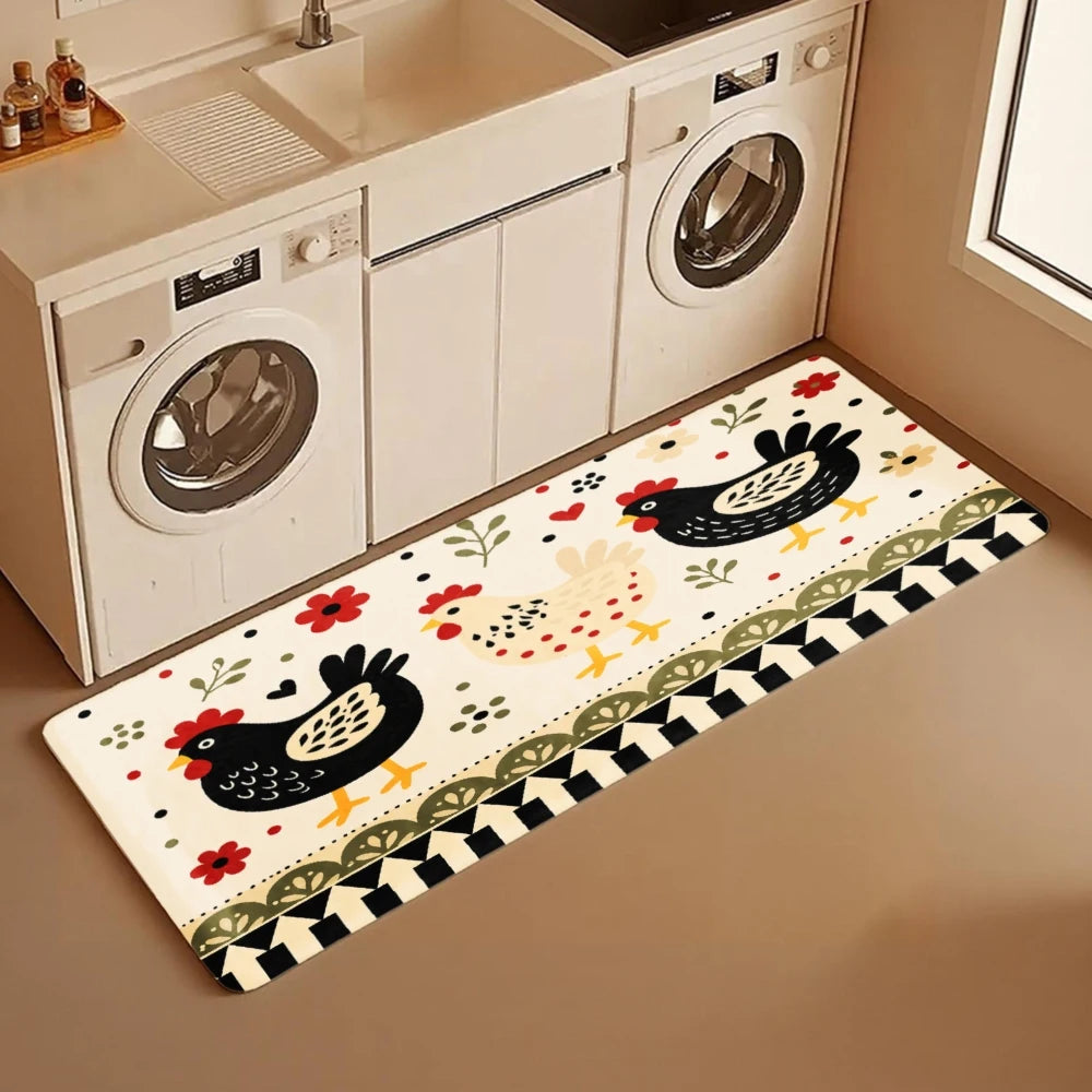 3PCS Kitchen Rugs,Home Decoration for Front Door, Kitchen, Bathroom, Black Turkey Floral Pattern On Cream Background Dining Mat