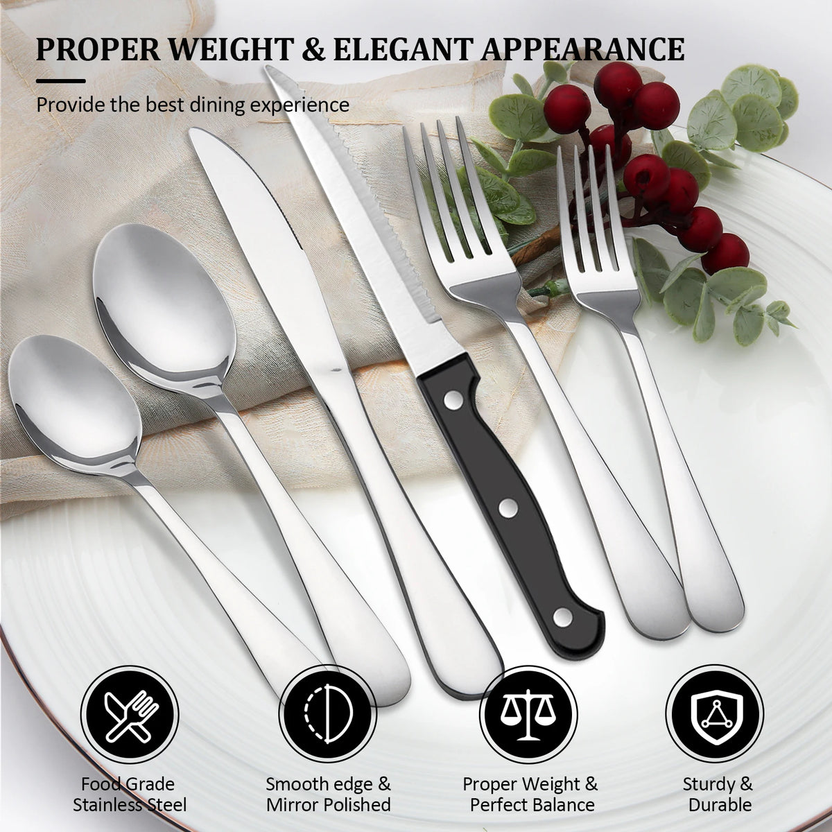 KOOMADE 48Pcs Stainless Steel Cutlery Set Steak Knives Included Mirror Polished Flatware Set Dinner Knife Fork Spoon Tableware Kitchen Utensils Dishwasher Safe For Home Restaurant Party