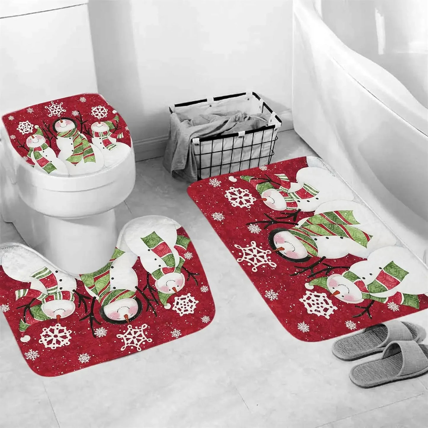 Christmas Shower Curtain Sets With Non-Slip Rugs Toilet Lid Cover and Bath Mat Snowman Shower Curtains 4 Piece Bathroom Decor