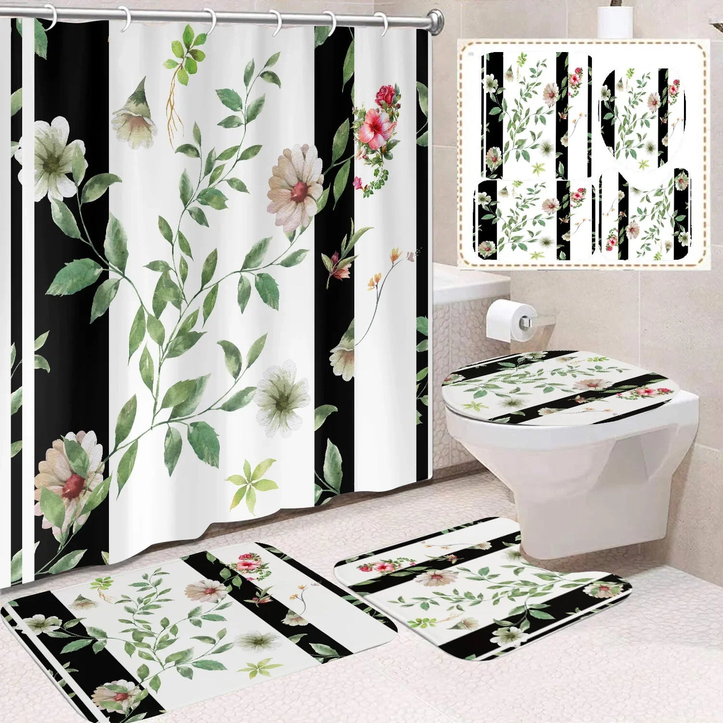 Custom 3D Digital Print Polyester Flower Shower Curtain Quick-Drying 4-Piece Modern Bathroom Set Wholesale Bathroom Accessory
