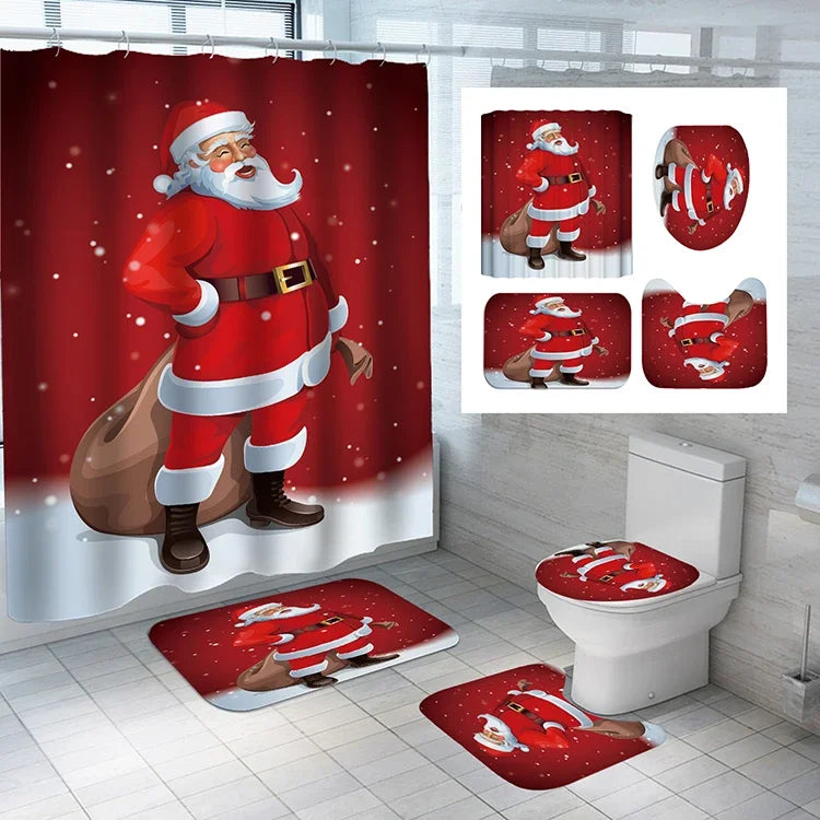 Wholesale Santa Claus Christmas Style Polyester Bathroom Shower Curtains 4pcs Waterproof Shower Curtain Sets