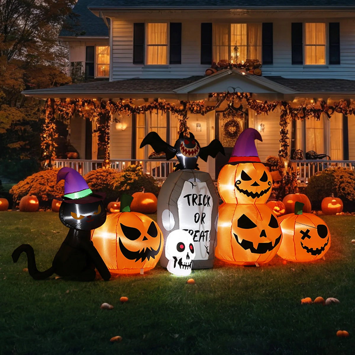 Halloween Outdoor Inflatable Yard Decor Cat And Pumpkin Led Lights