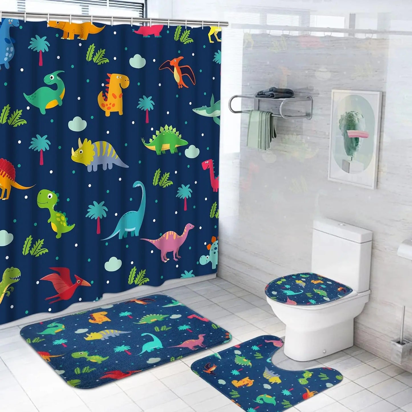 4PC Kids Dinosaur Bathroom Set - Waterproof Cartoon Shower Curtain with 12 Hooks, Non-Slip Mats & Toilet Cover, Fun Bath Decor