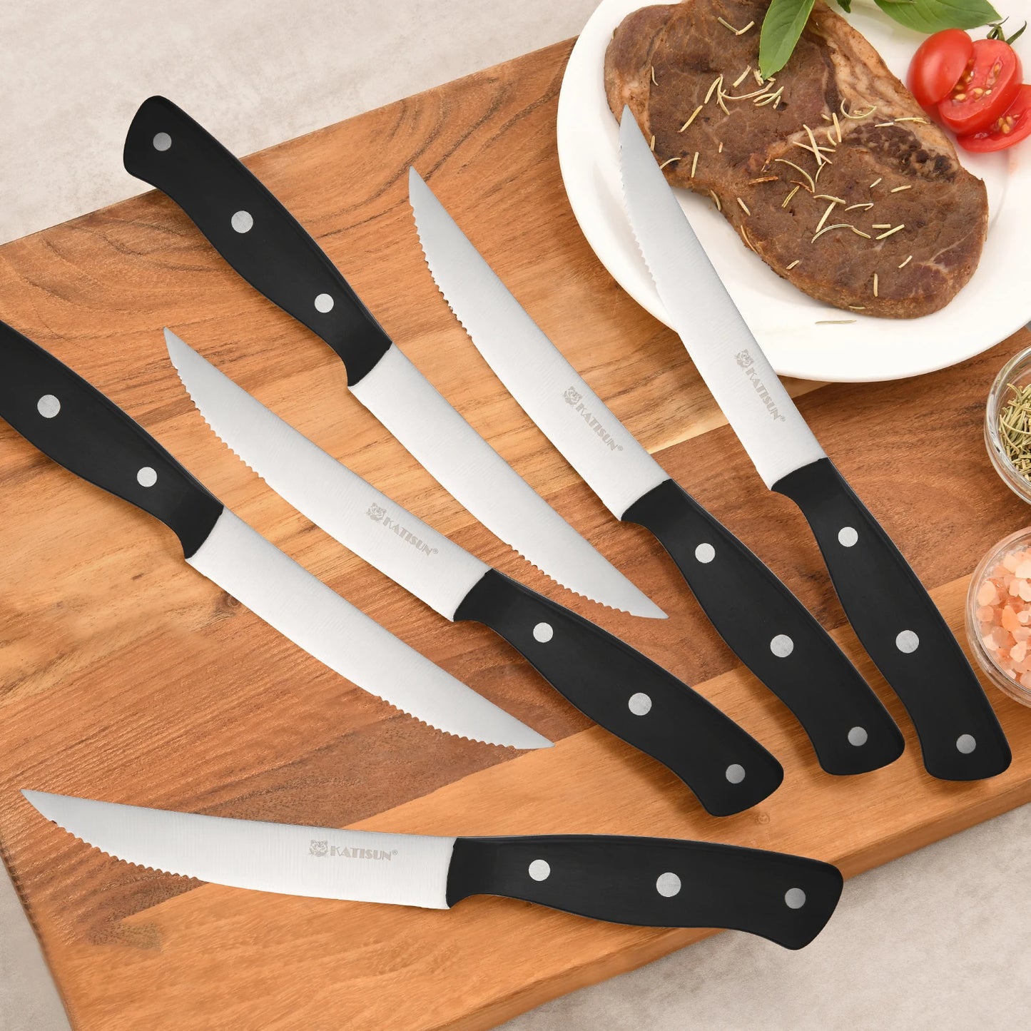 Katisun 8 Pieces 5 Inch Serrated Steak Knives Set with Triple Rivet POM Handle Dishwasher Safe Home Restaurant