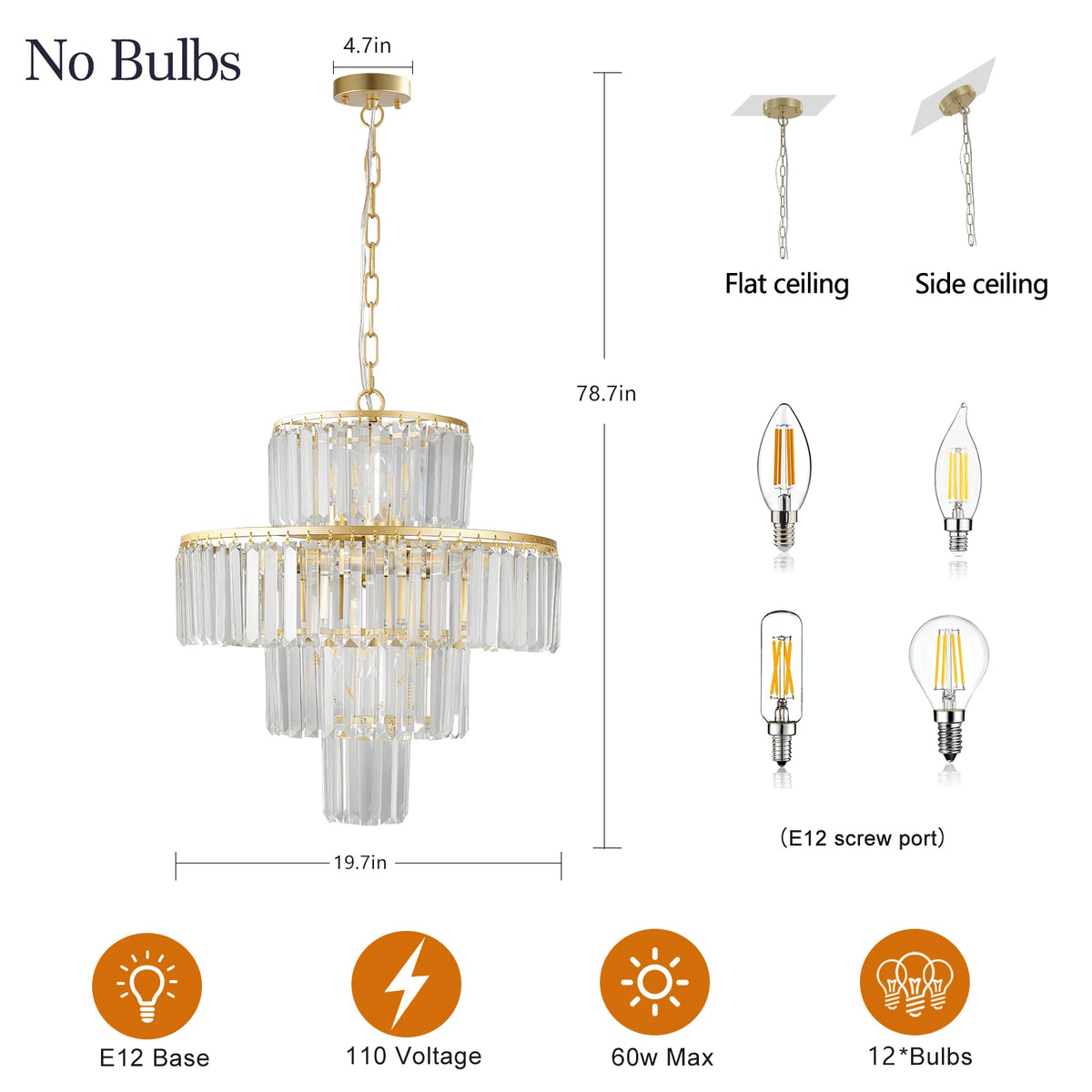 ZHIKEA Four Tier Crystal Chandelier Featuring Twelve Hanging Lamps